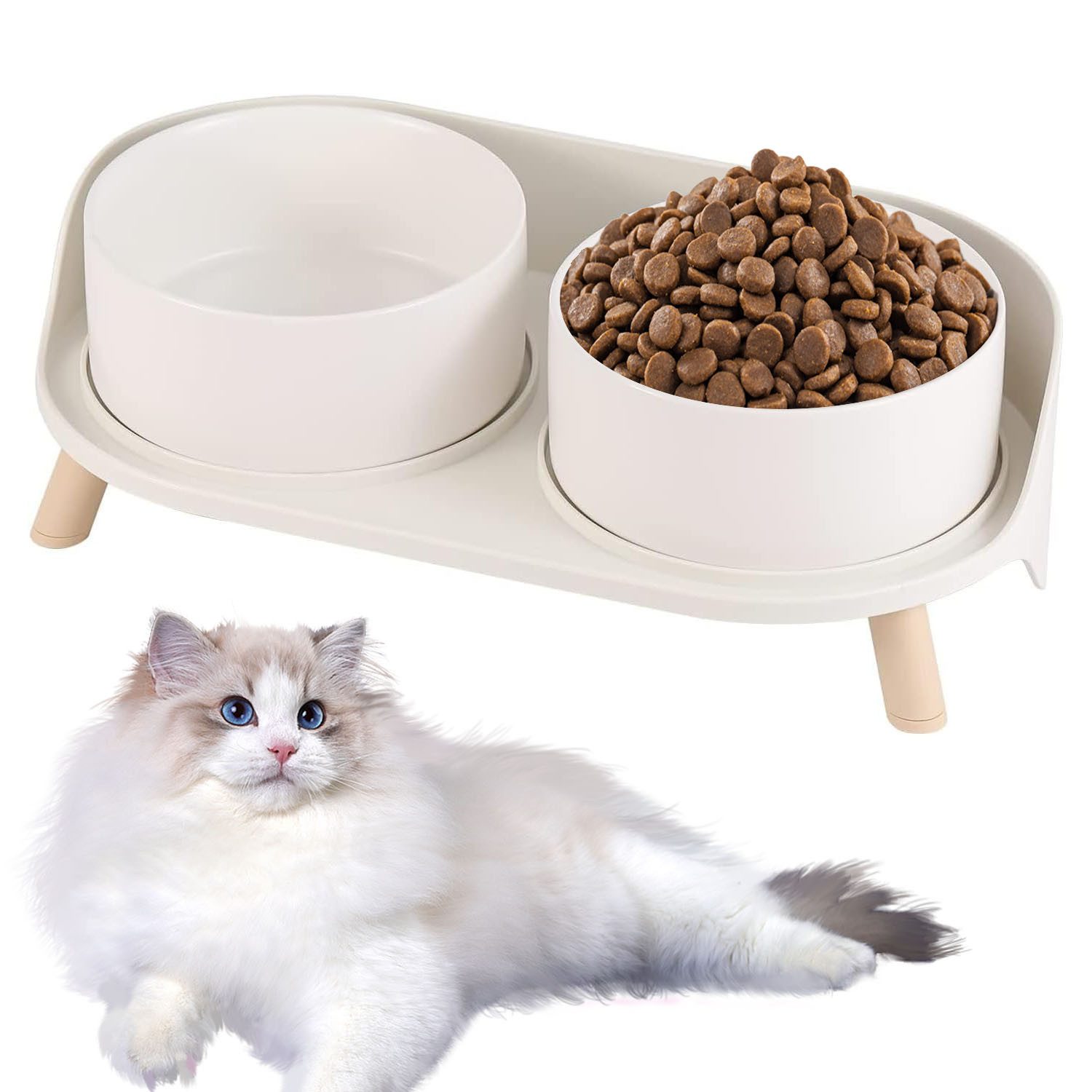SURFOU Futternapf Hundenapf Katzennapf Fressnapf 300mlx2 Doppel Napf mit Ständer, Keramik Futter Wasser Napfset für Hunde und Katze bis Mittlere