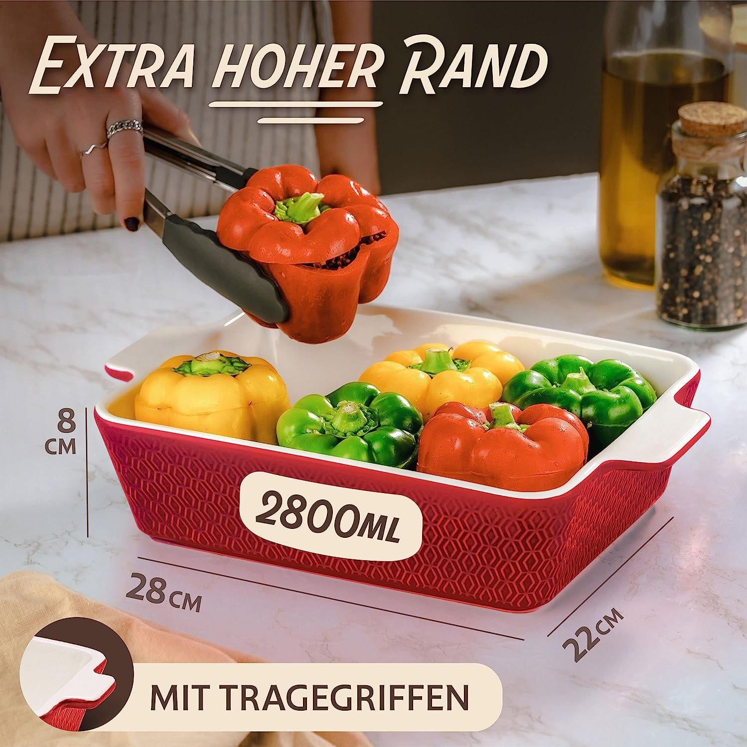 Praknu Auflaufform Auflaufform Groß Rot Keramik – Lasagneform 28x22 cm, 8 cm hoher Rand, Keramik, (1-St), Für Lasagne, Tiramisu & Aufläufe – Hitzebeständig – Gr – Bild 4 von 5