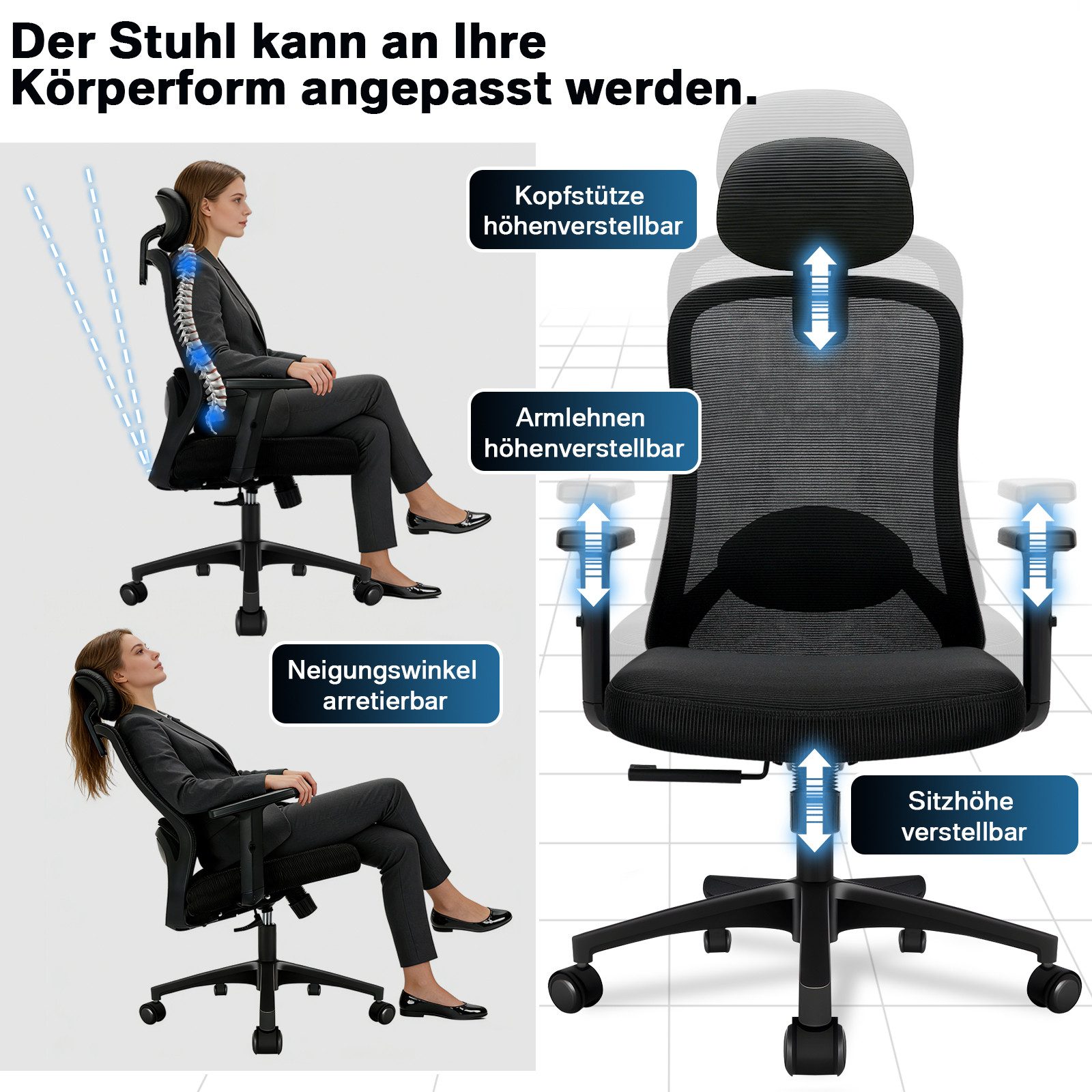 Milacyee Bürostuhl Chefsessel Wippfunktion 200kg belastbar ergonomisch,Bürostuhl (abschließbar Wippfunktion und Höhenverstellbar,NetzbezugDrehstuhl,Schreibtischstuhl), Bürostuhl 200KG