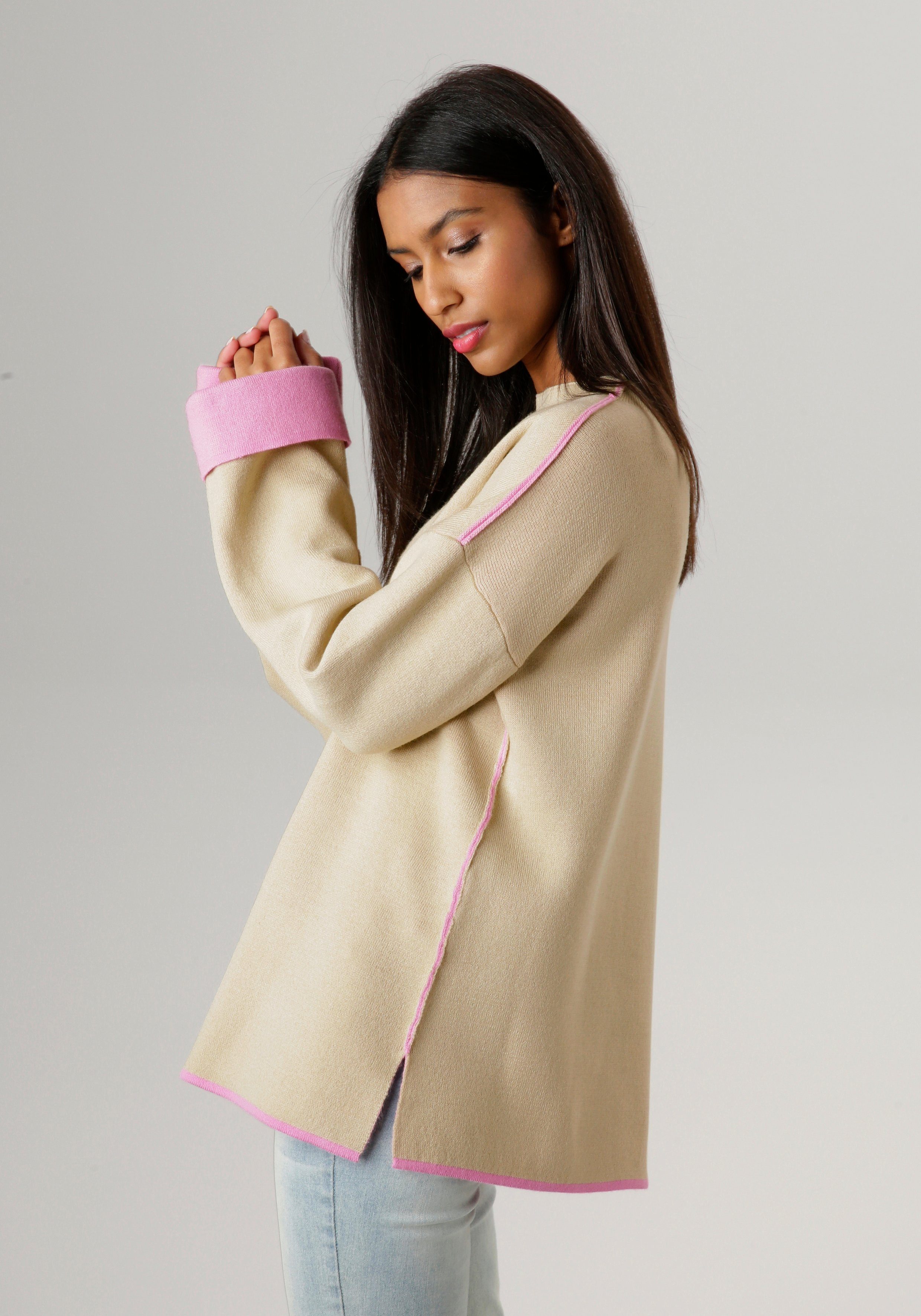 Aniston SELECTED Strickpullover mit rosafarbenen Zierkanten