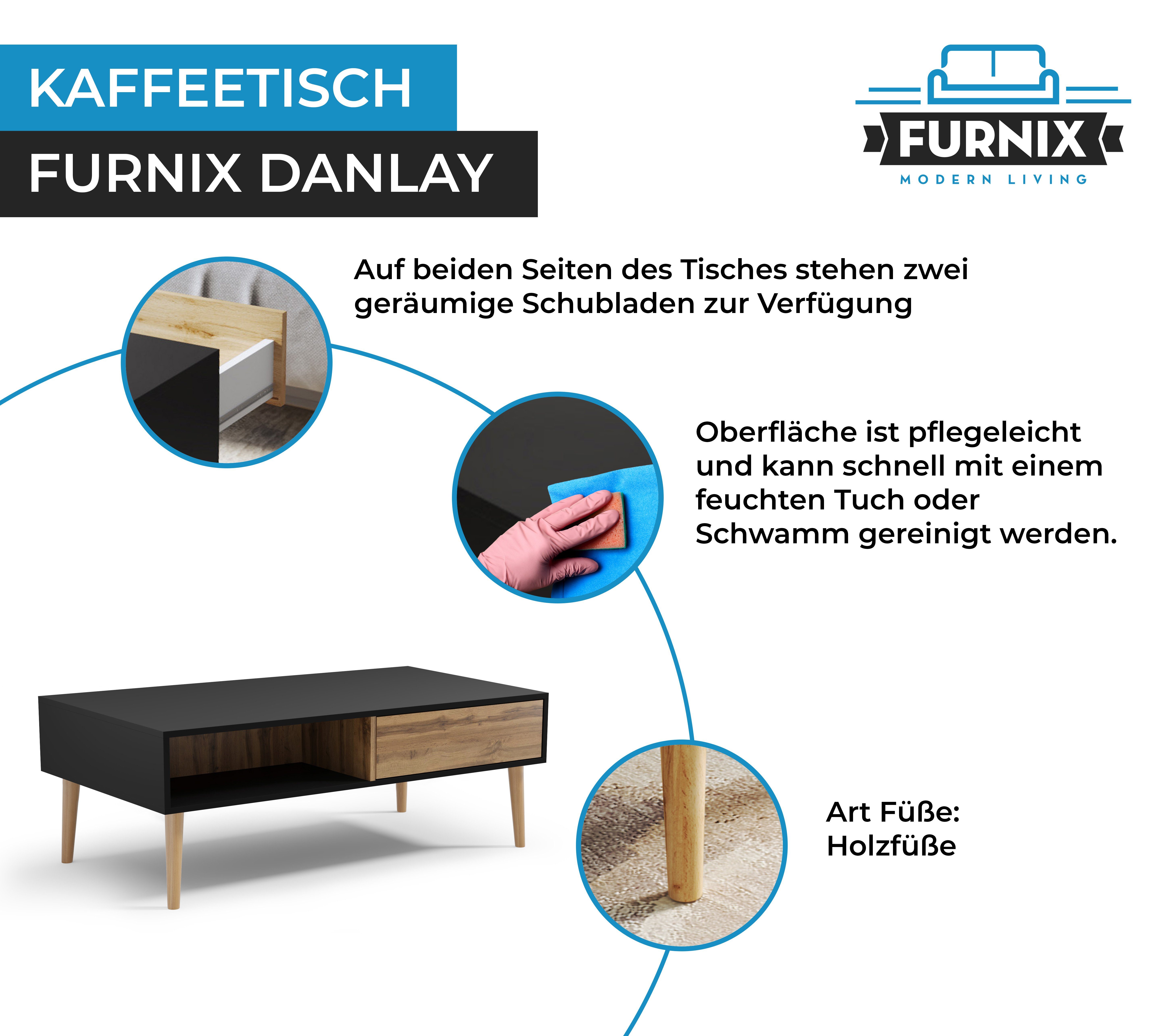 Furnix Couchtisch DANLAY offene cm Kaffeetisch Schubladen, T67 x 2 Schwarz niedriger & x Schubladen, 2 B120 Holzfüße Ablagen, mit H45 Wotan