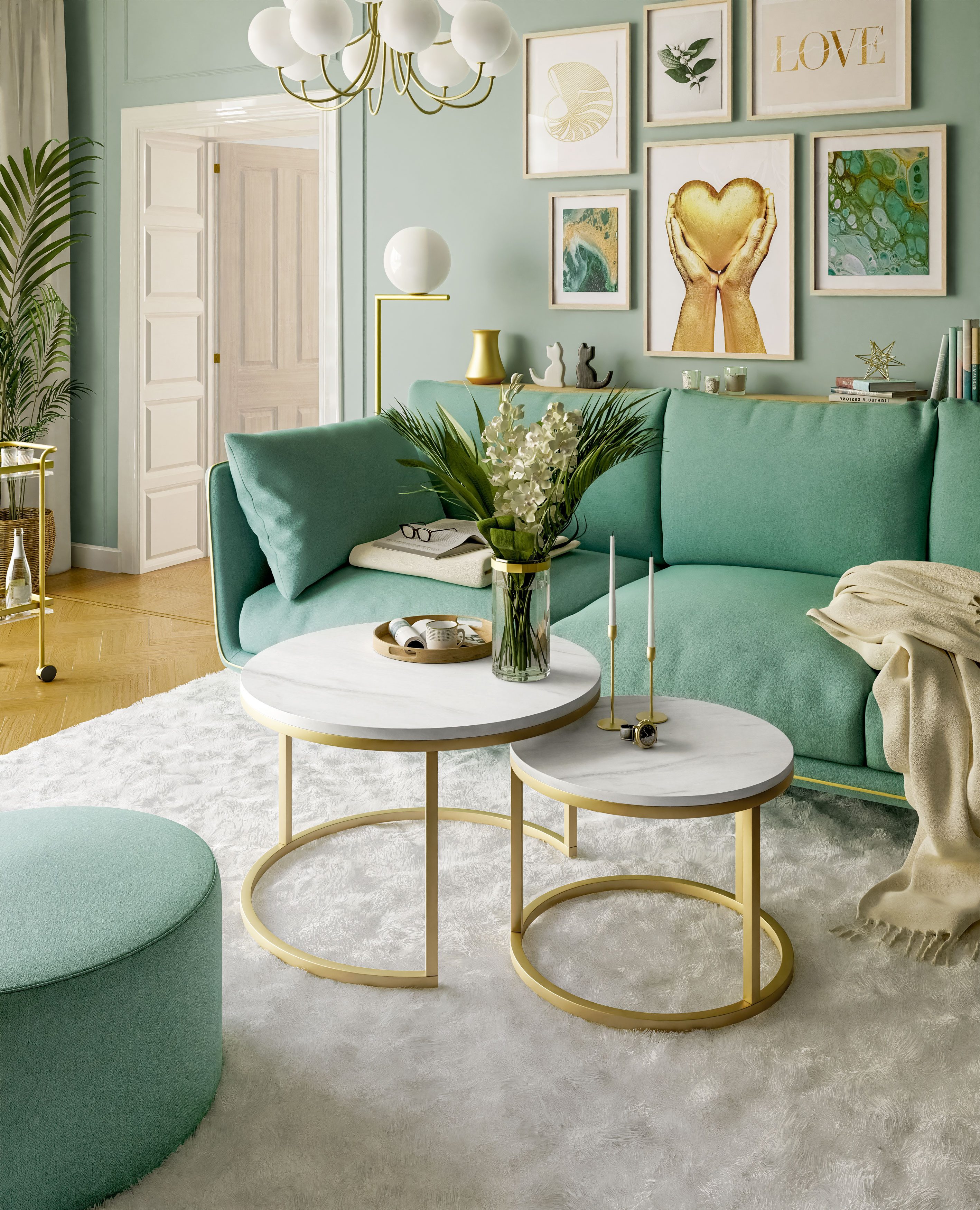 Lookway Couchtisch CIRI 2in1 LEVANTO mit goldmattem Gestell, runder Couchtisch (2er Set), Durchmesser: ⌀70 cm & ⌀50 cm und Durchmesser: ⌀80 cm & ⌀60 cm