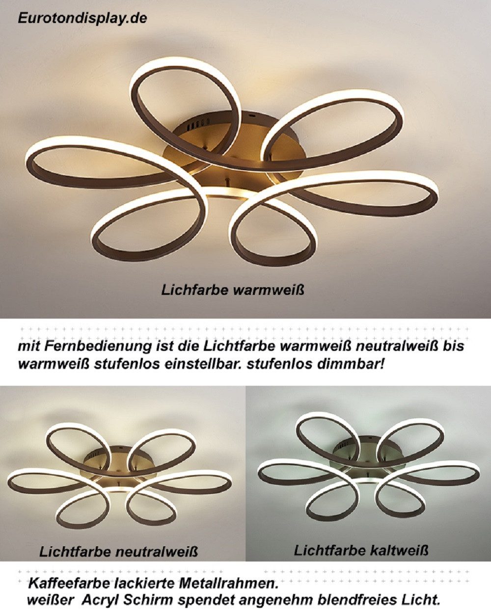 Eurohandisplay LED Deckenleuchte LED Deckenlampe Fernbedienung Lichtfarbe einstellbar dimmbar Leuchte, LED fest integriert, Warm- bis Kaltweiß einstellbar, Lichtfarbe und Helligkeit mit Fernbedienung einstellbar