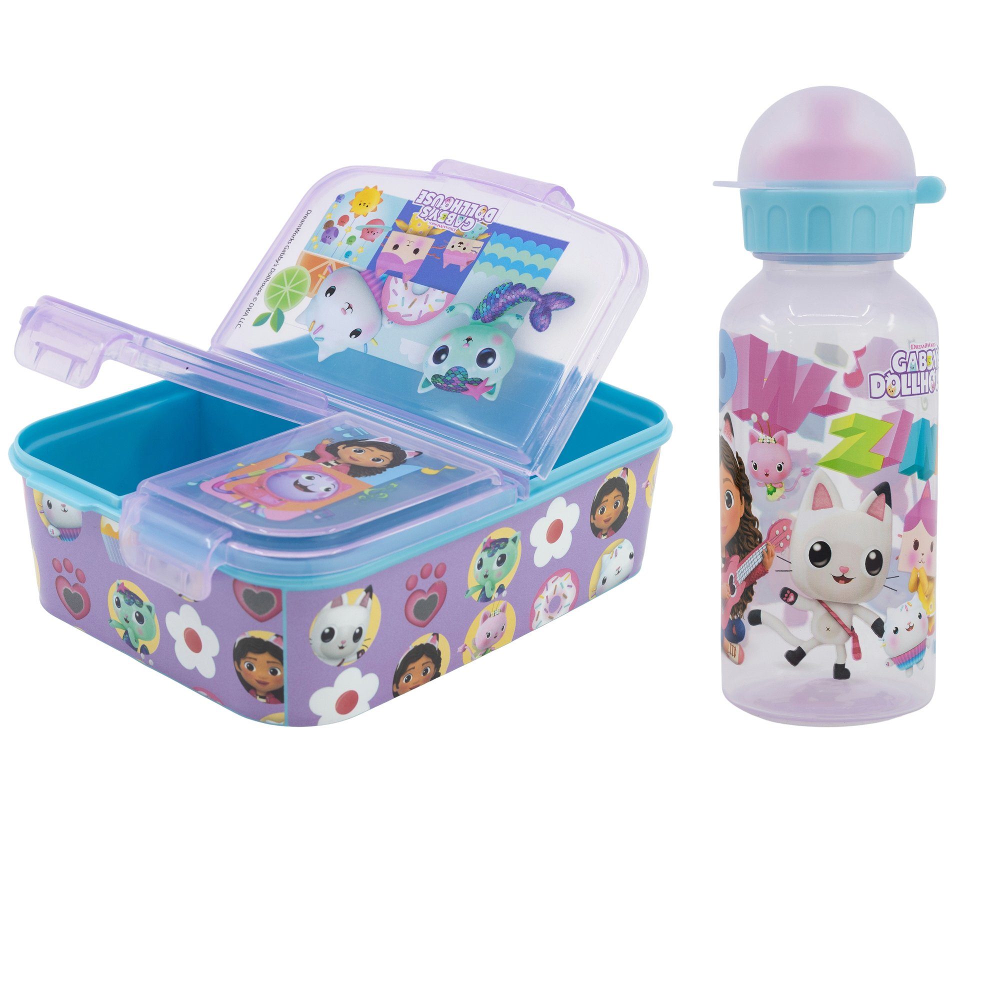 Dreamworks Gabby’s Dollhouse Lunchbox Gabbys Dollhouse Kinder Mädchen 2 tlg Lunch Set, Kunststoff Alumium, (2-tlg), Brotdose 3 Kammern Trinkflasche 370ml