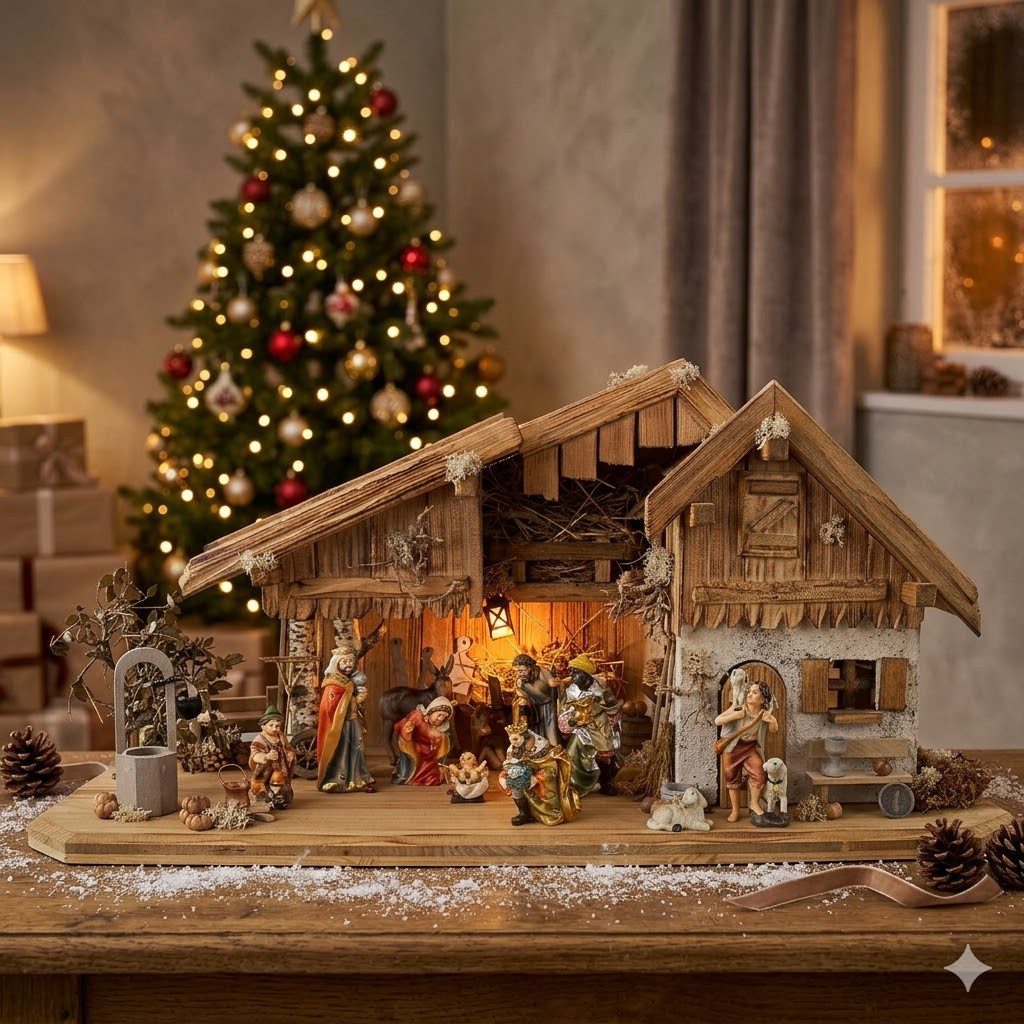Krippenursel Krippe Weihnachtskrippe Großglockner inkl. 12-tlg. Figurensatz K 001 (1-tlg), wunderschön handbemalte Figuren im klassischem Stil