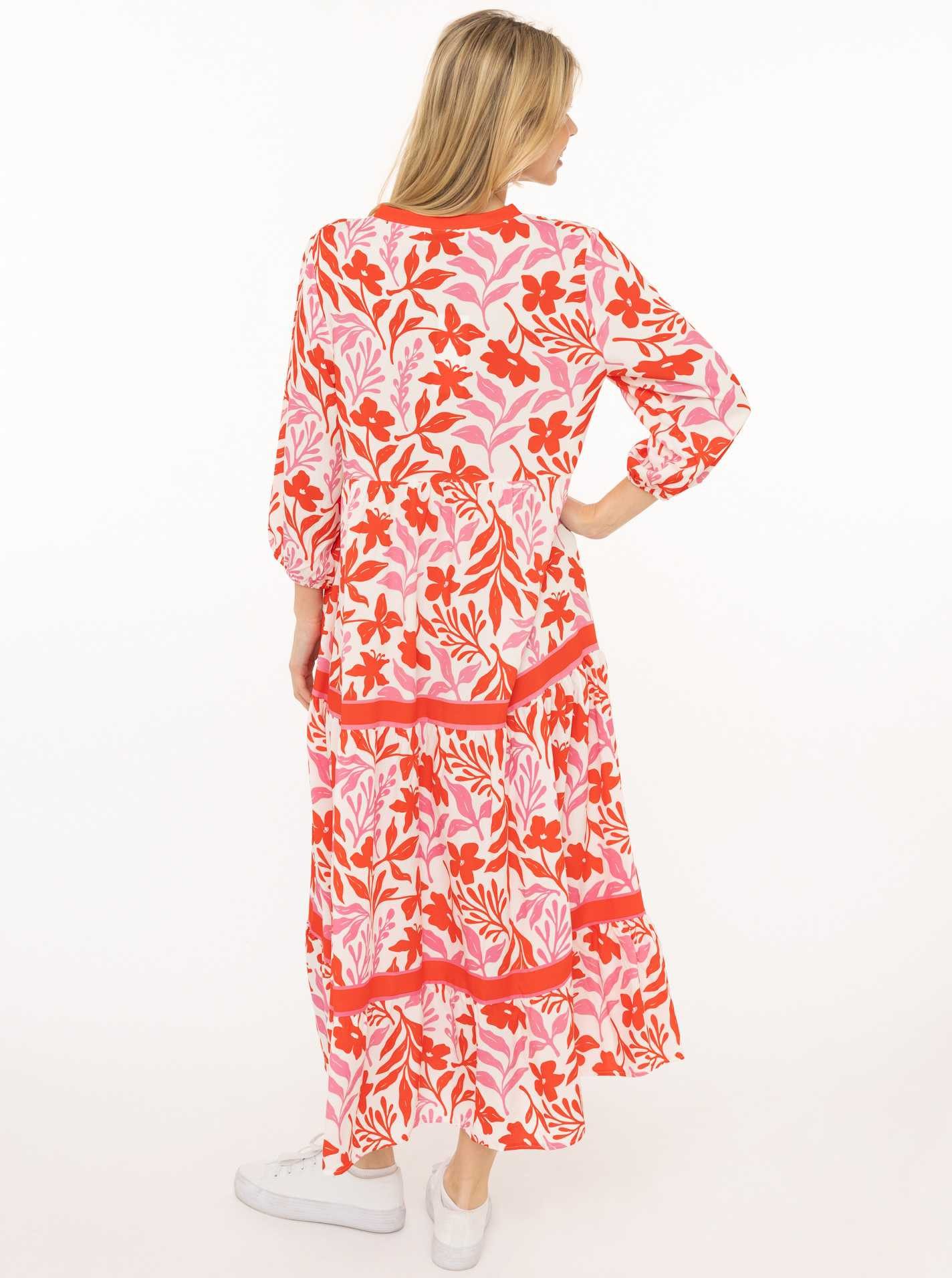 Zwillingsherz Maxikleid "Flower" Florales Muster, Schriftzug, 3/4 Arm, Knopfleiste