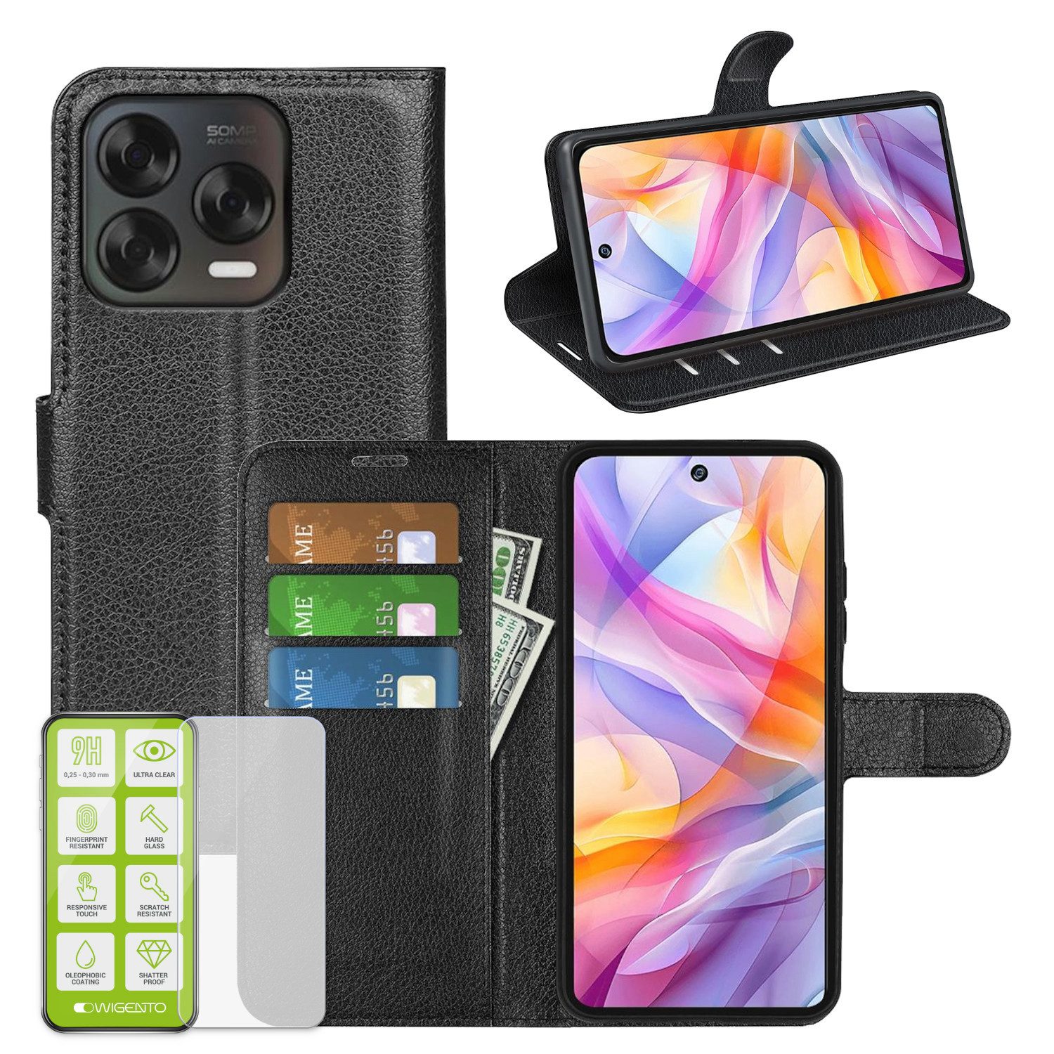 Wigento Smartphone-Hülle Für ZTE Blade V70 Vita Kunstleder Wallet Tasche Hülle + H9 Hart Glas, Produktset Kunst-Leder Tasche + H9 Hart Glas