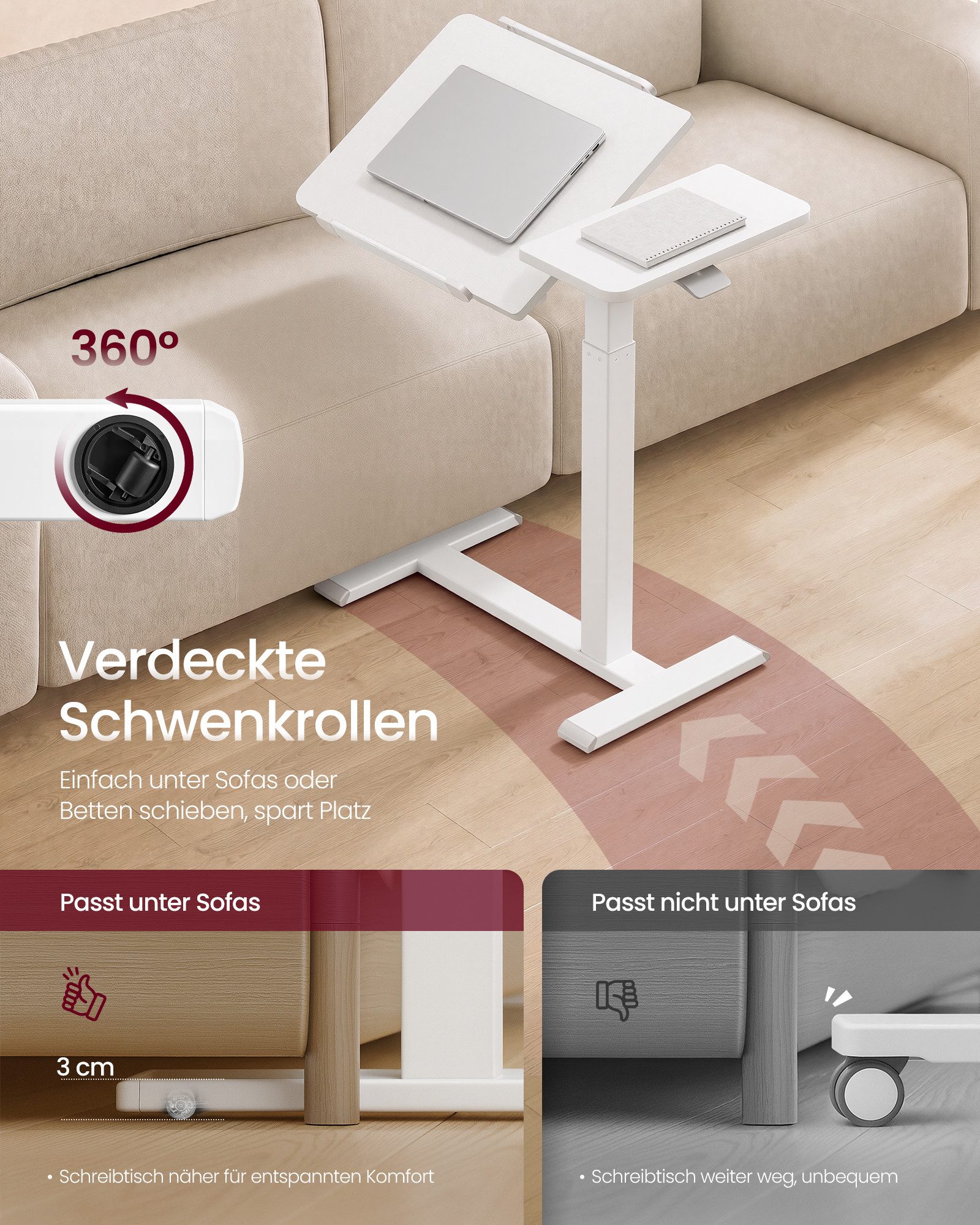 VASAGLE Schreibtisch Höhenverstellbarer Laptoptisch mit Rollen und Neigbarer Tischplatte, 70 x 40 x 68-102,5 cm Weiß – Bild 5 von 5