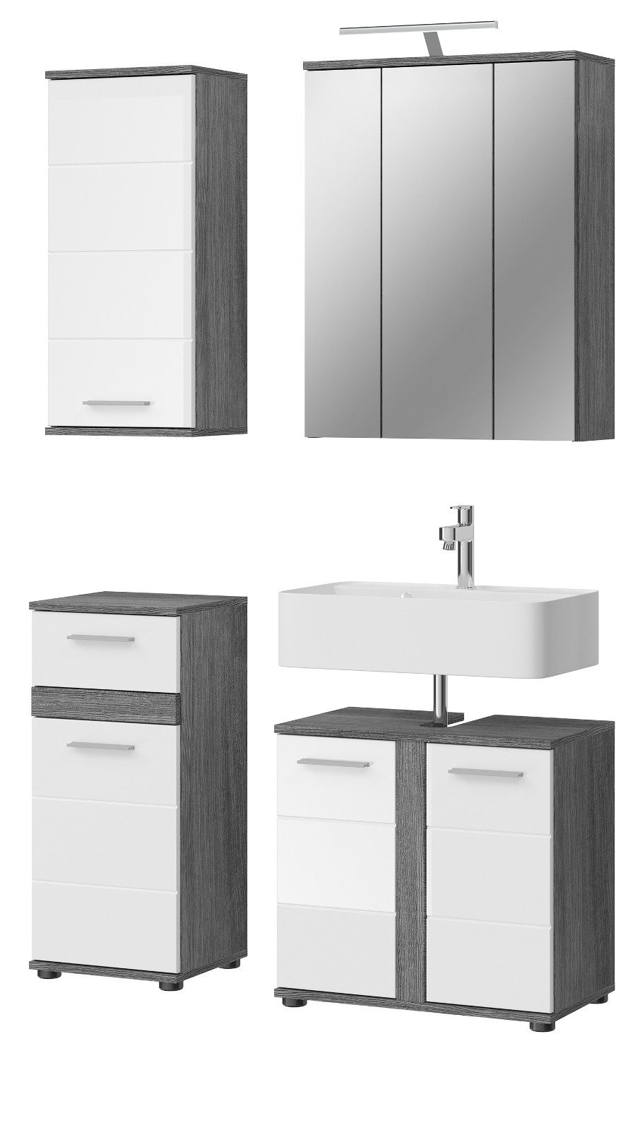 Inn.Furn Badmöbel-Set Bailey, (weiß Hochglanz und grau Rauchsilber, 4-St., Badezimmer), mit viel Stauraum