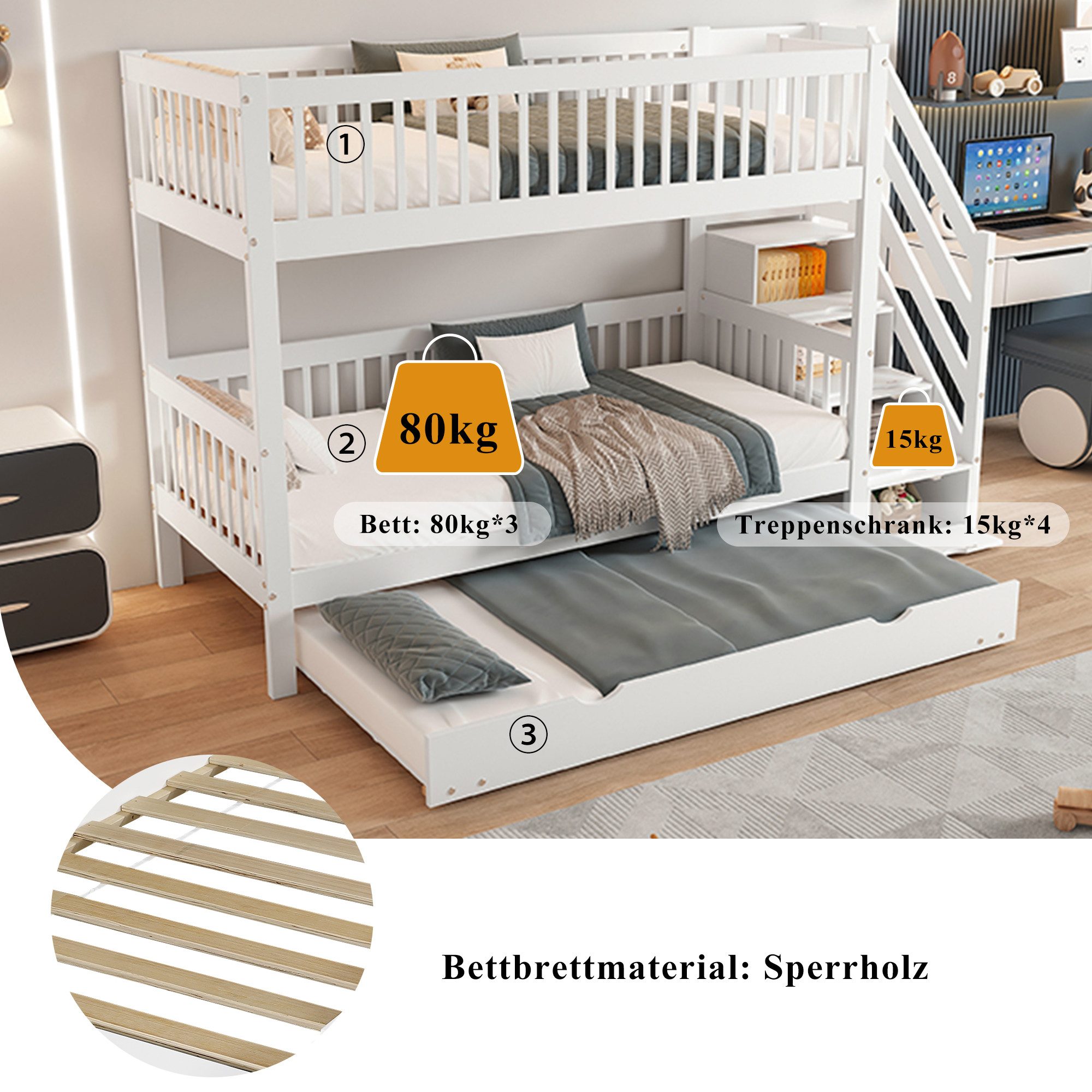 OKWISH Bunk Bed for Children with Rollaway Bed & Practical Ladder Wardrobe (Children's Bed with Additional Storage Space, 90x200/190 cm, with Additional Storage Space for Toys), Mattress Not Included – Flexible Sleeping and Playing Option