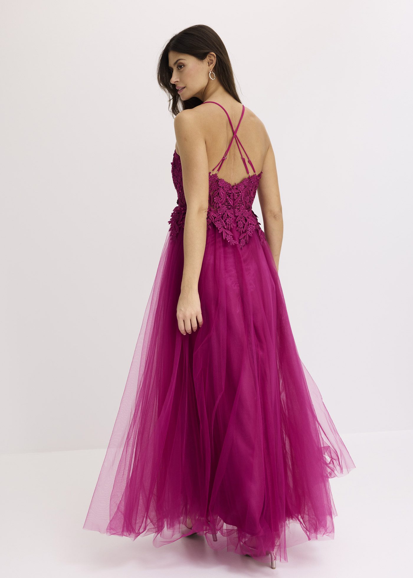 bonprix Abendkleid für festliche Anlässe, aus Tüll mit Spitze, figurbetont, Maxi-Länge