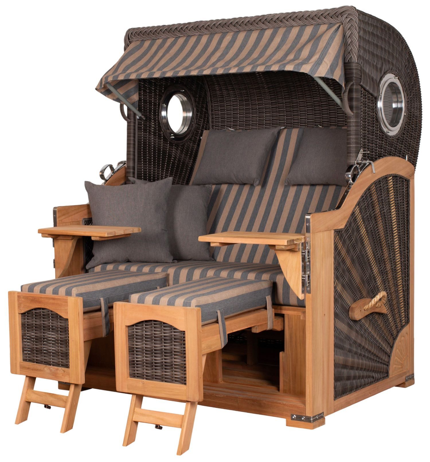 deVries PURE® Strandkorb Seemöwe XL - PE stone grey - Dessin 248, BxTxH: 140x95x160 cm, Halblieger, Ostsee-Strandkorb, Teakholz - Bullaugen - Kissenausstattung und Schutzhülle