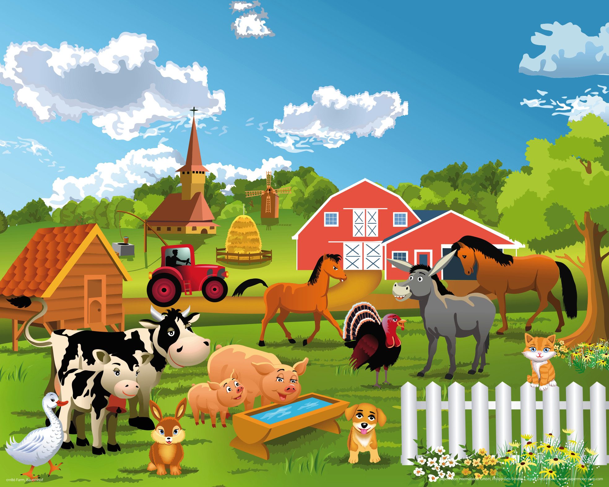 Papermoon Poster Mini-Poster Nr.324 Farm, Bauernhof, 40 X 50 CM, (Bauernhof Tiere Kühe Pferde Esel Schweine Hund Hase Gans Hahn Katze Häuser Kirche Kinder Querformat), genormte Postergröße für Rahmen, Bild Dekoration Wanddeko Motiv Tapete