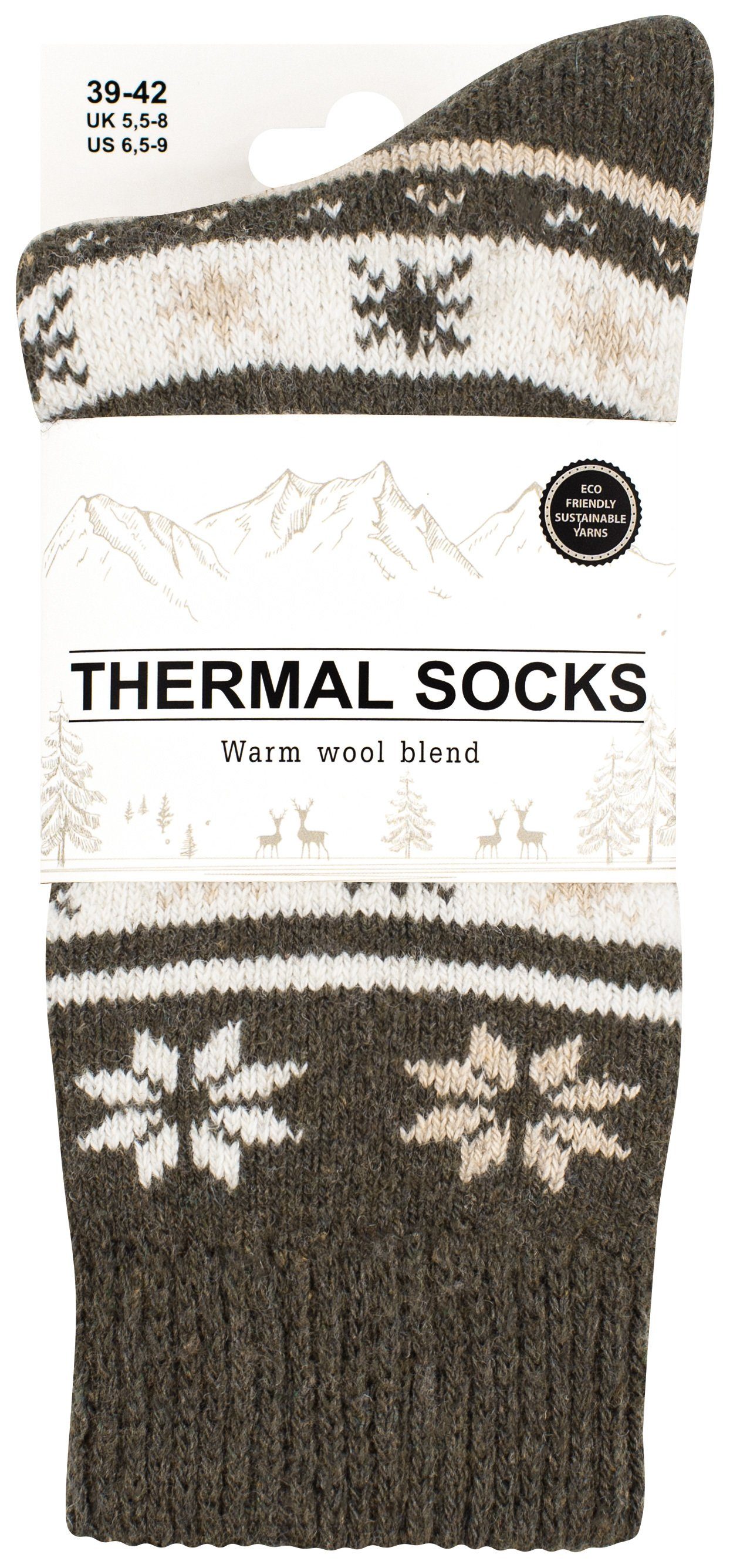 (2-Paar) grün-beige Cotton Unisex Wintersocken mit Thermosocken Wolle Prime®