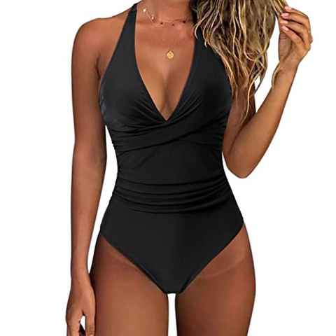 B.X Badeanzug Badeanzug für Damen Bauchkontrolle Badekleid V-Ausschnitt einteilig Damen Badeanzug einteilig Monokini Neckholder hoher Schnitt überkreuzt