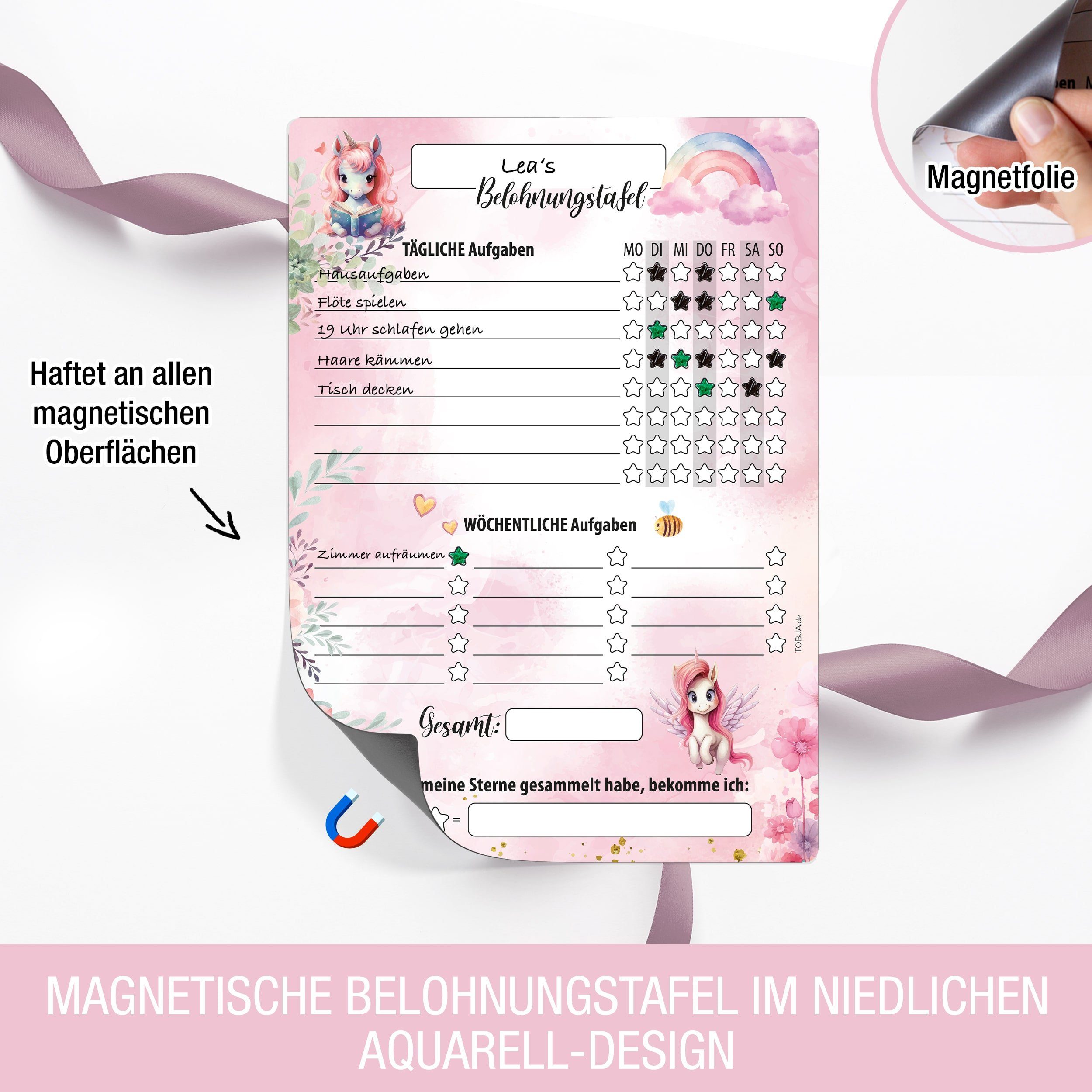 TOBJA Magnettafel Belohnungstafel Einhorn für Kinder, A4 magnetisch, Töpfchentraining und Alltagsroutinen im Unicorn Design
