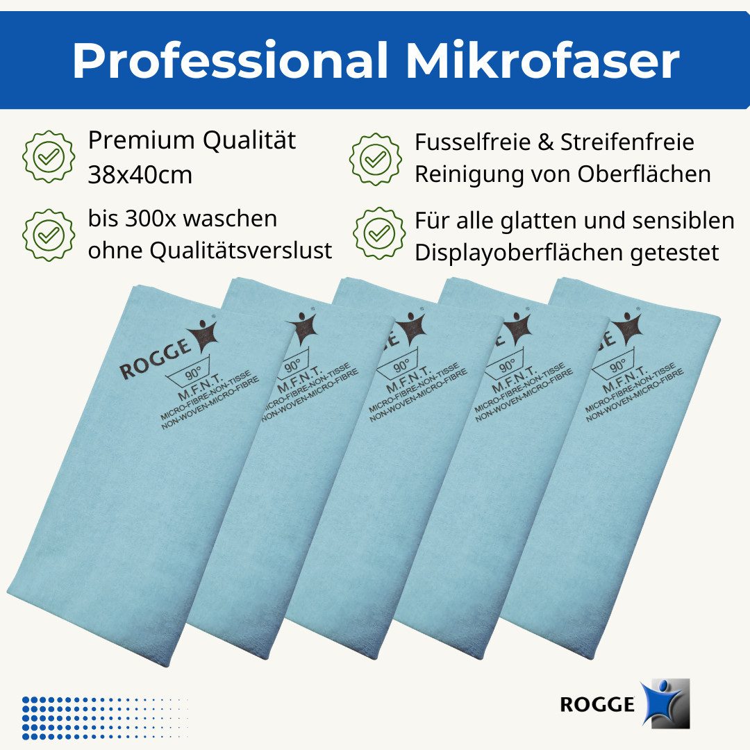 Rogge 5er Pack ROGGE Professional Microfasertücher, 38x40cm Bildschirmreinigungstuch (Set, Spar-Set, 5-tlg., 5x Microfasertücher 38x40cm, blau, Streifenfreie Reinigung dank patentierter Microfaser)