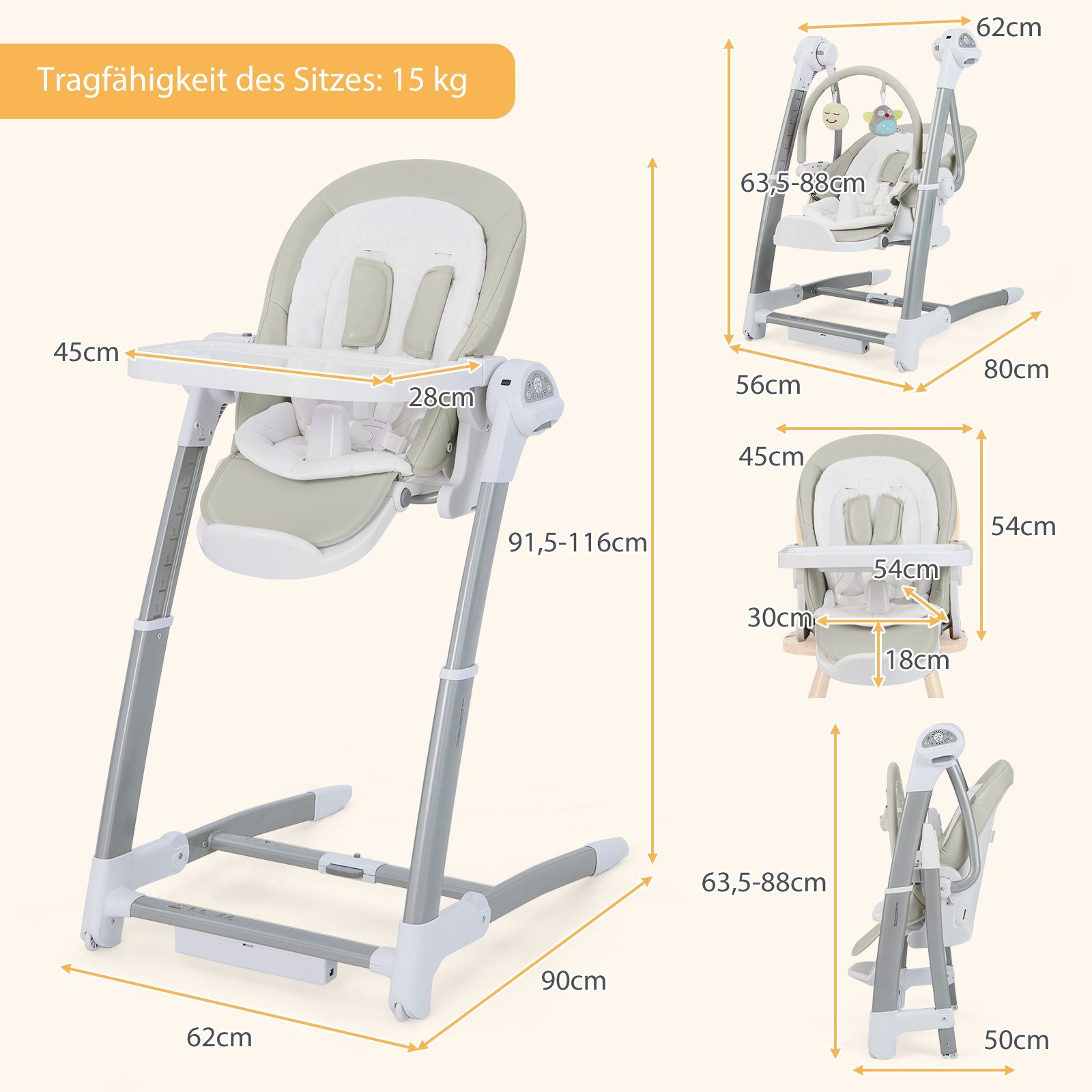 grau Babyschaukel, in 3 COSTWAY Kombihochstuhl 1 verstellbar