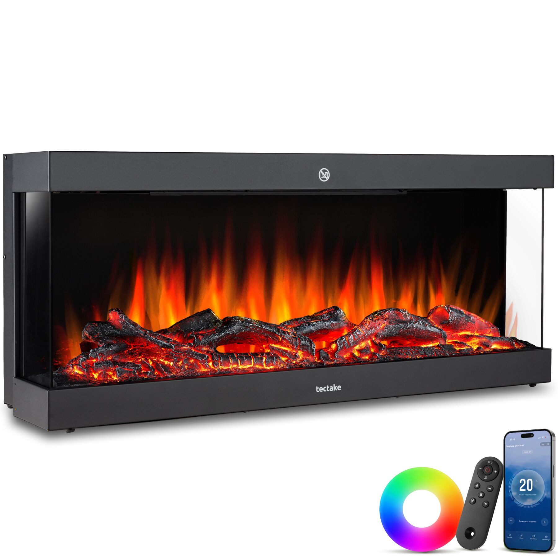 tectake Elektrokamin Wandkamin, App, Fernbed., Thermostat, 900/1800 W, Überhitzungsschutz, 3D-Flamme, Holz-/Glutoptik, Farbe/Helligkeit/Tempo, Fenstererkennung