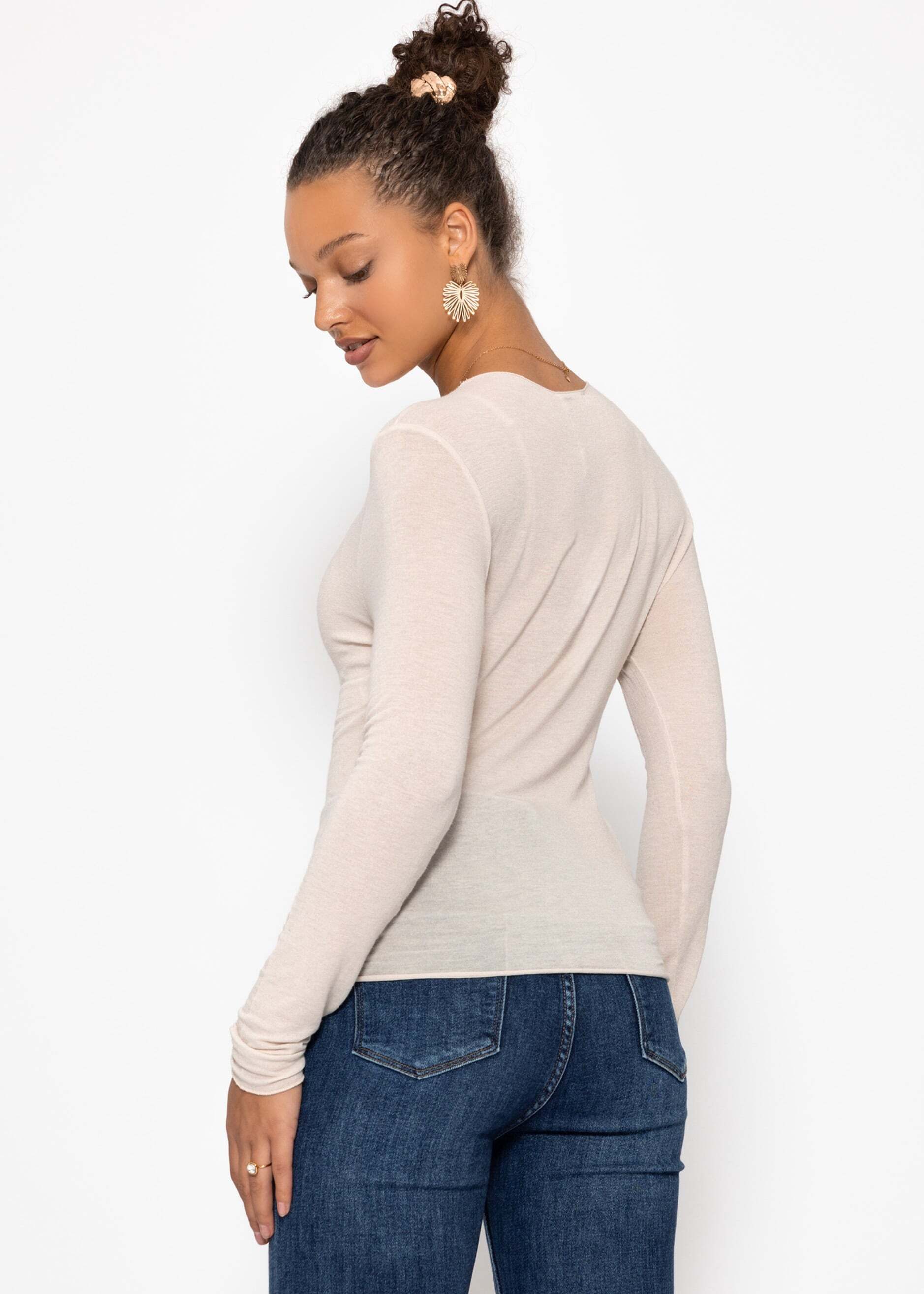 SASSYCLASSY Langarmshirt Langarmshirt mit Kaschmiranteil für Damen Gestreiftes Top in leicht transparenter Optik mit Rundhalsausschnitt