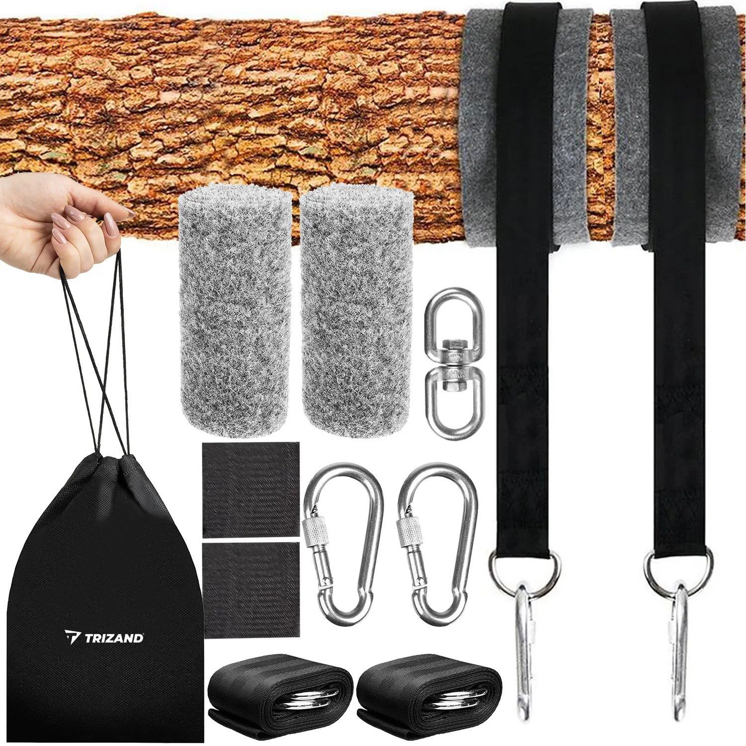 Trizand Deckenhaken Baumgurt Hängemattenset, Hängematte, Schaukel, Hängesessel, (Spar-Set, 1-St., 152 cm strapazierfähig), Ohne Bohren, bis 150 kg belastbar, mit Tasche