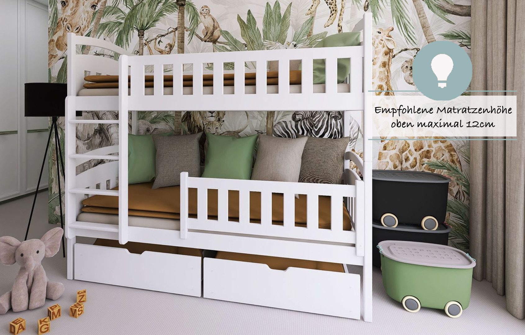 Kids Collective Etagenbett Hochbett Kinderbett 80x180 90x200 umbaubar in zwei Einzelbetten, 200x90 mit 2 Schubladen,Lattenrost, Rausfallschutz, 2 Matratzen, weiß