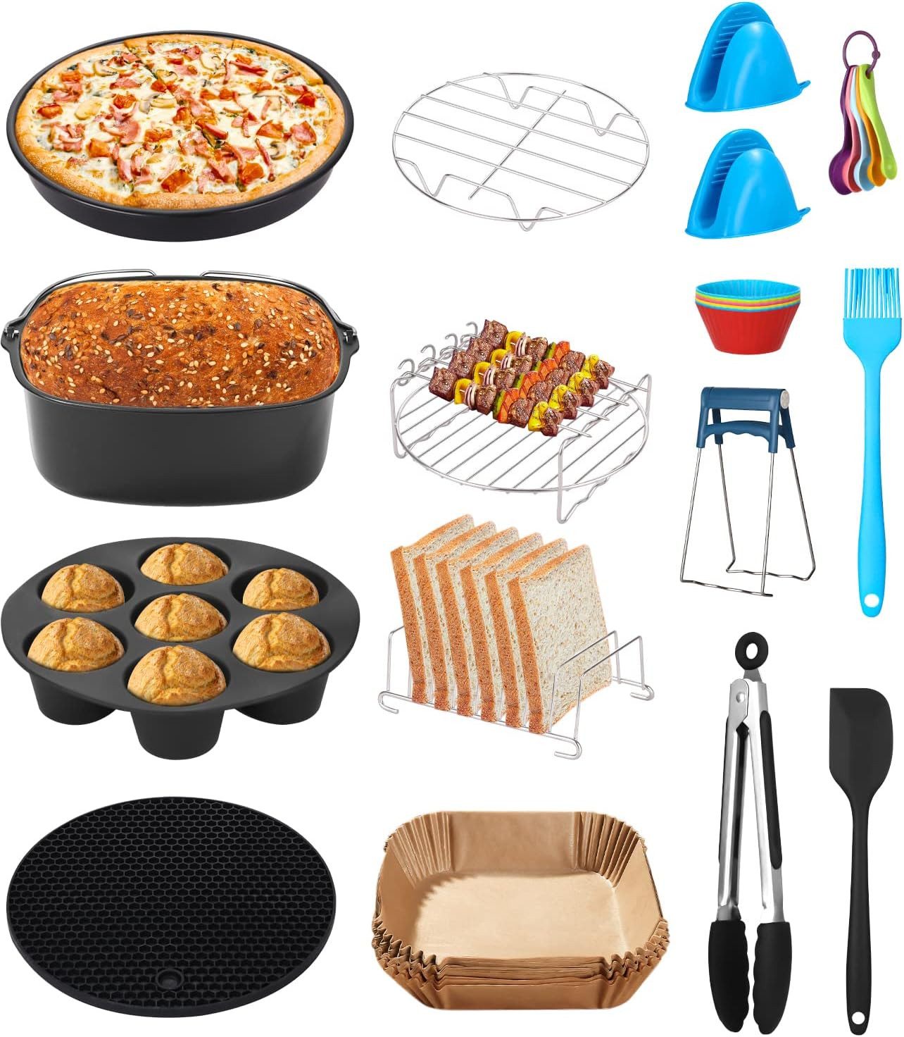 Vivitar Küchenmaschinen Zubehör-Set Airfryer Zubehör Set 15-teilig für 5.5L Square Airfryer, Zubehör für Airfryer COSORI, NINJA, PHILIPS, PRINCESS, Kompatibel mit COSORI, NINJA, PHILIPS, PRINCESS - Pizzapfanne