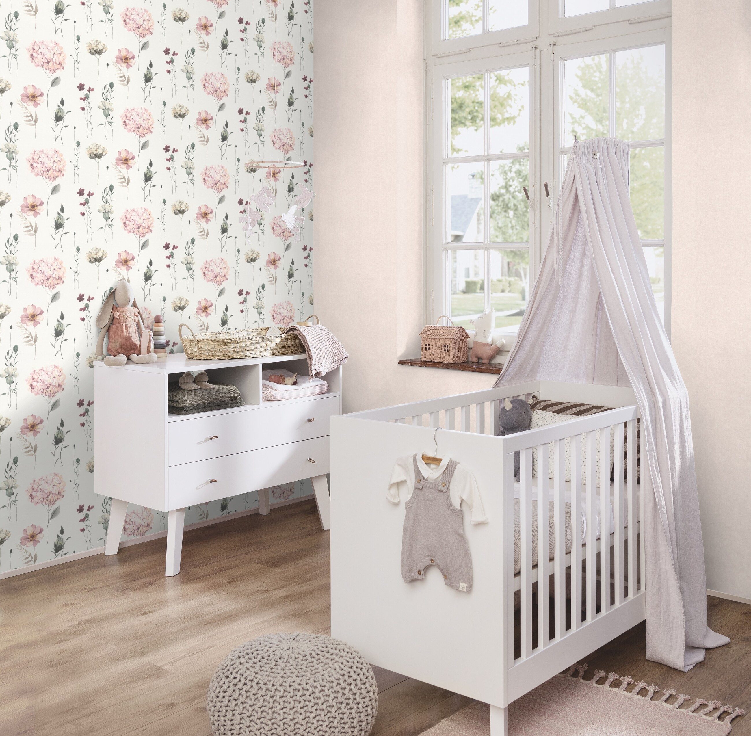 Rasch Vliestapete Hortensien Weiß Creme Grau Grün Rosa, Naturoptik, (1 Rolle, 1 St., Kollektion 'Kids World II' - 10,05 m x 0,53 m), gute Lichtbeständigkeit, fe – Bild 5 von 5