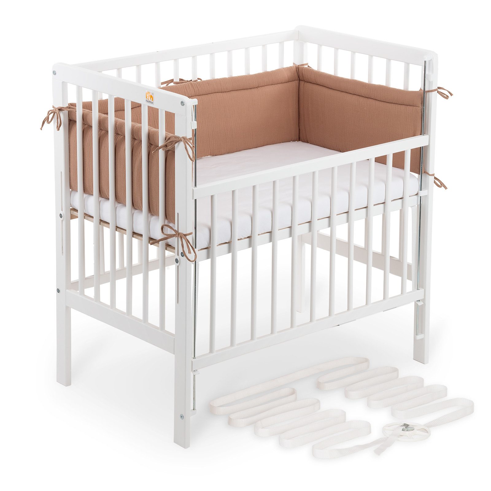 FabiMax Beistellbett Beistellbett Flex 90x55, TÜV geprüft, aus Buchenholz weiß lackiert, stufenlos höhenverstellbar, passend für Boxspringbetten, 2 in 1