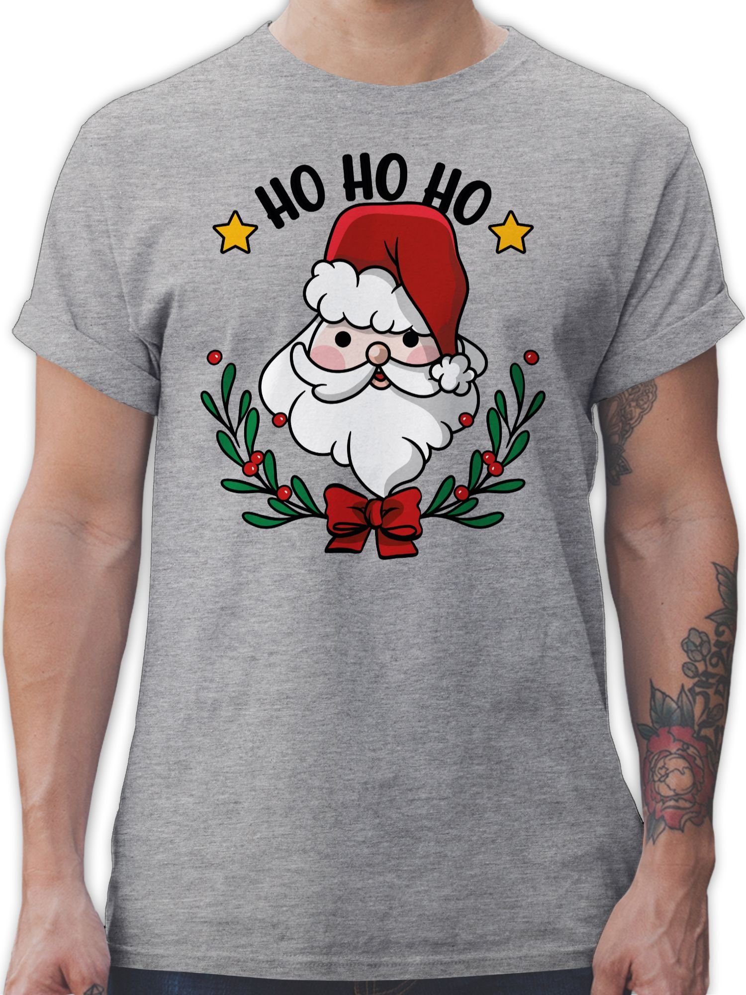 Shirtracer T-Shirt Ho Ho Ho mit Weihnachtsmann und Weihnachtsschmuck Weihachten Kleidung 01 Grau meliert