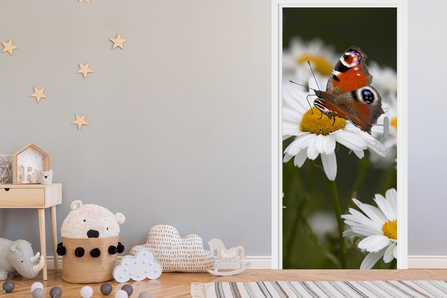 75x205 St), Schmetterling Matt, Tagpfauenauge cm Türtapete Türaufkleber, für bedruckt, (1 Tür, Gänseblümchen, Fototapete MuchoWow mit