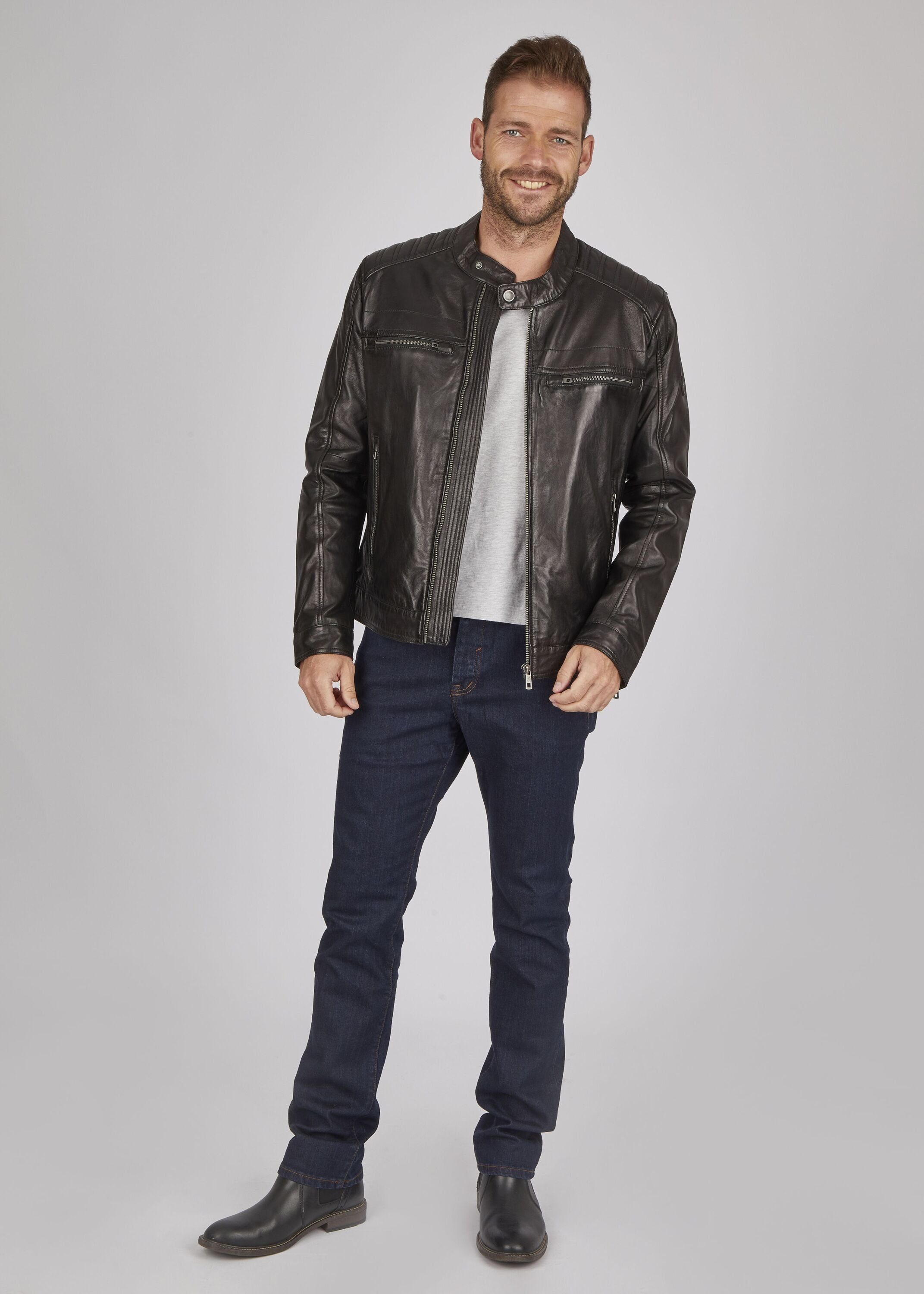 bugatti Lederjacke BUAMADEO (1-St) mit Stehkragen und Druckknopfriegel