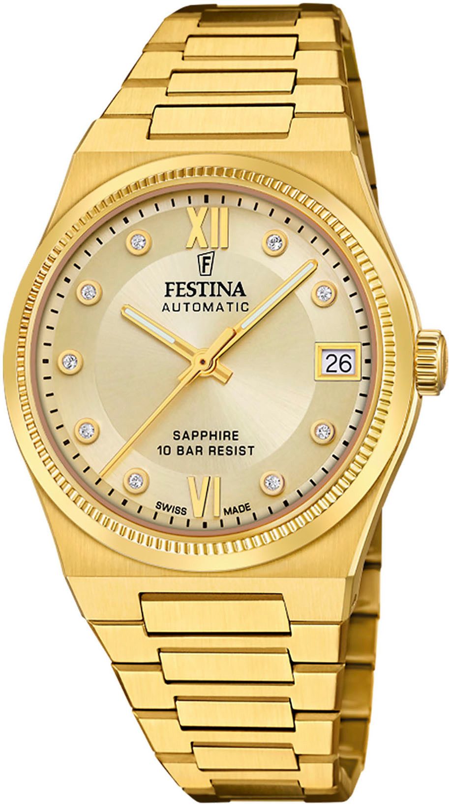 Festina Automatikuhr Rivé Collection F20033/2, Armbanduhr, Damenuhr, Swiss Made, mechanische Uhr, Edelstahlarmband