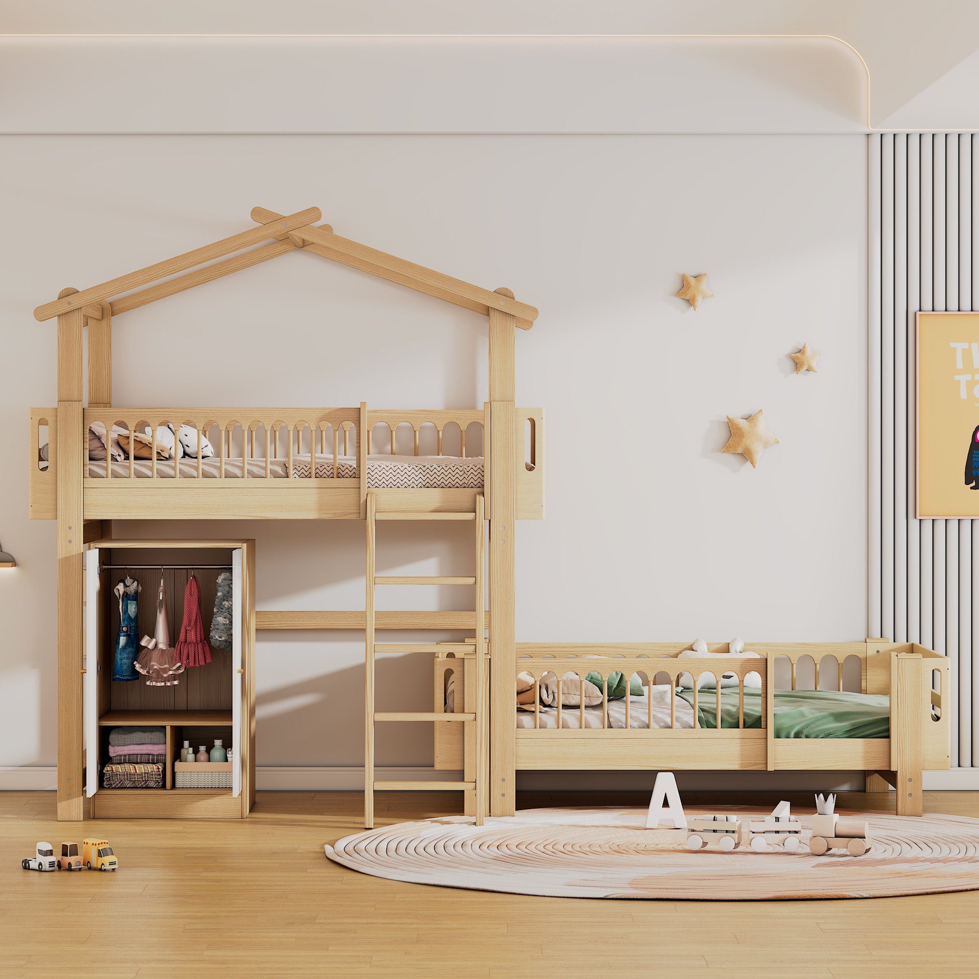 Ulife Etagenbett Hausbett Kinderbett Jugendbett mit Kleiderschrank, herausnehmbares Unterbett,90x200cm