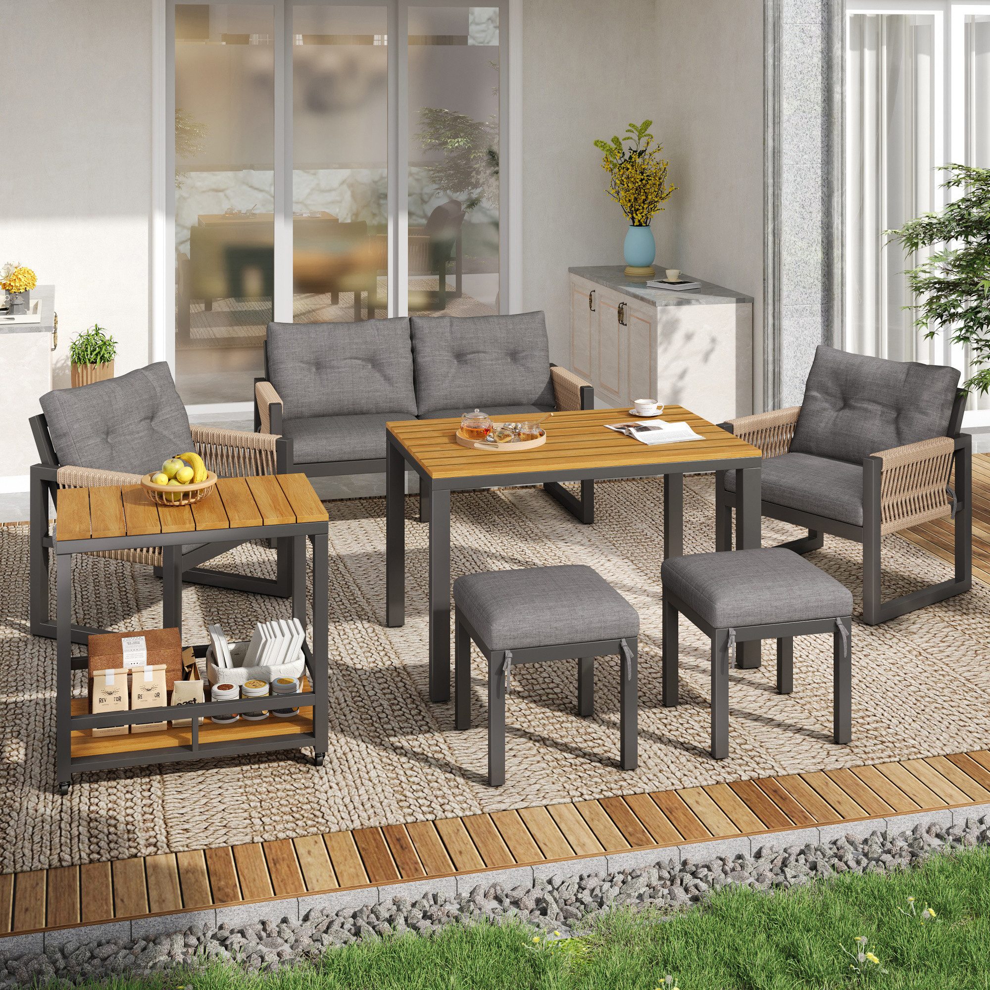 Odikalo Gartenlounge-Set Gartenmöbel Gartensitzgruppe mit Geflochtene Armlehnen,gartenmöbel set, (Freizeit- und Besprechungsset für mehrere Personen, Eisengestell, Inklusive Sitzkissen, Multifunktionaler Tisch)