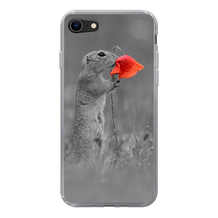 MuchoWow Handyhülle Eichhörnchen schnüffelt an roter Blume schwarz-weiß von Fotograf Dick Handyhülle Apple iPhone 8 Smartphone-Bumper Print Handy Schutzhülle