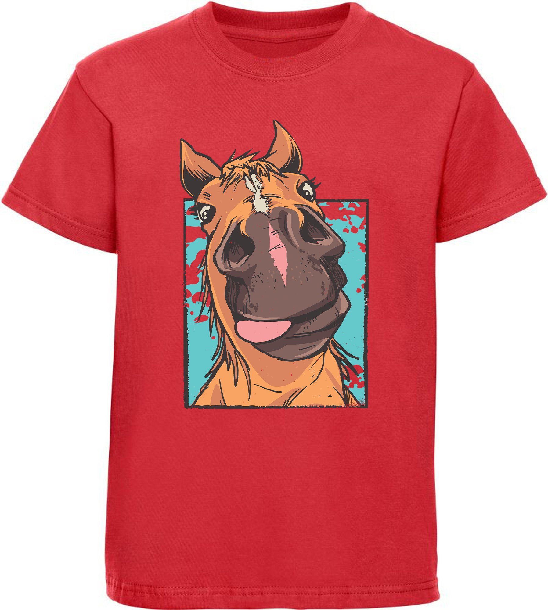 MyDesign24 Print-Shirt bedrucktes Kinder T-Shirt lustiger Pferdekopf mit Zunge Baumwollshirt mit Aufdruck, i153 rot