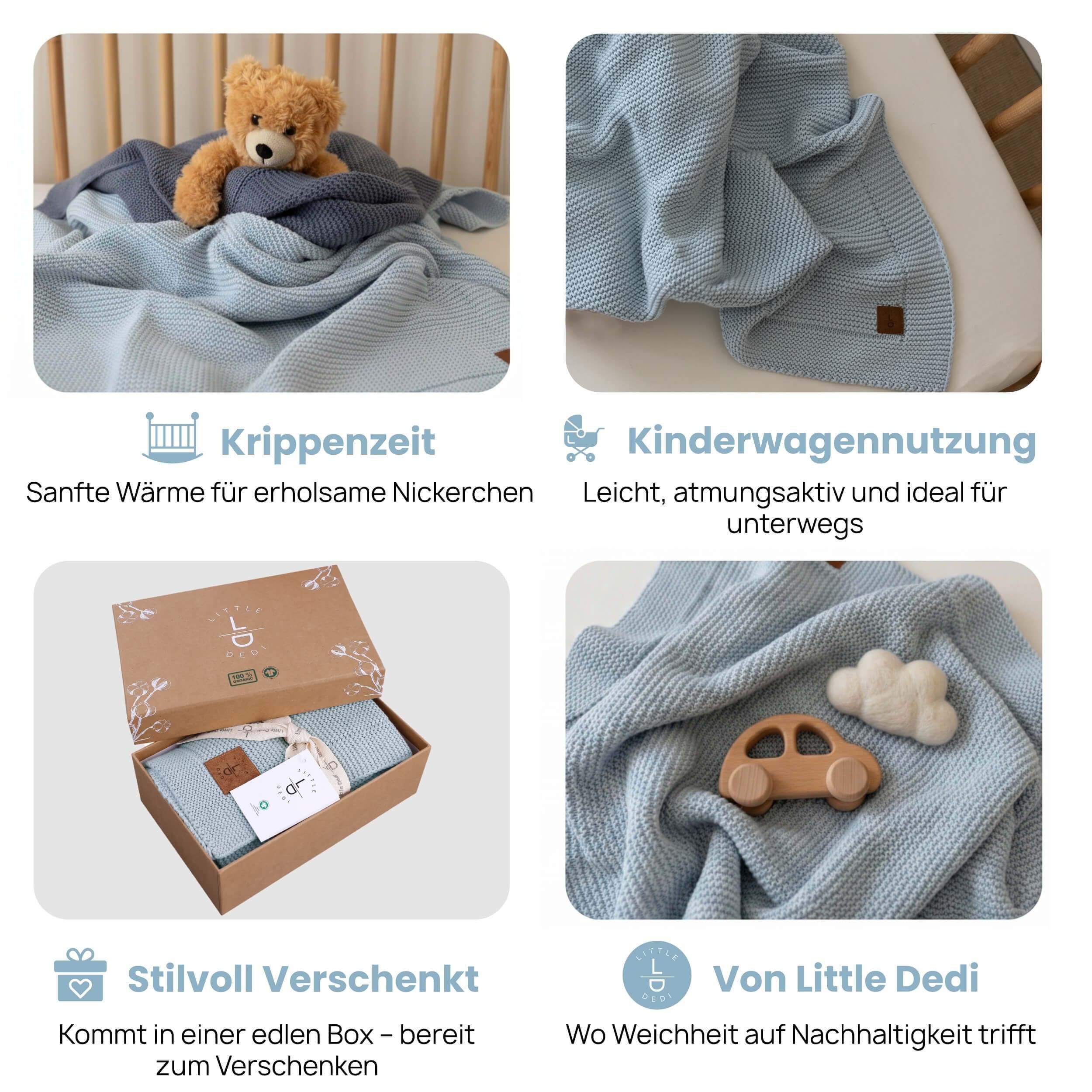 Babydecke Baby Strickdecke, %100 Bio Baumwolle, Atmungsaktiv, 80x100cm, Babyblau, Little Dedi