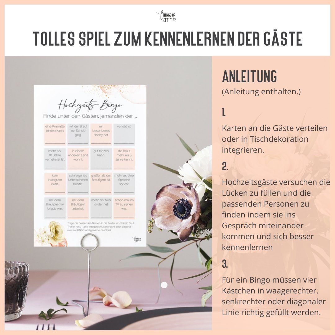 Things of Happiness Spiel Hochzeitsspiel Bingo, Hochzeitsbingo, Spiel Gäste Hochzeit, Kennenlernspiel Hochzeit, 50 Karten