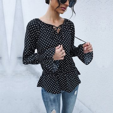 FIDDY Langarmshirt Modische Damenbluse mit langen Ärmeln und schwarz-weißen Polka-Dots