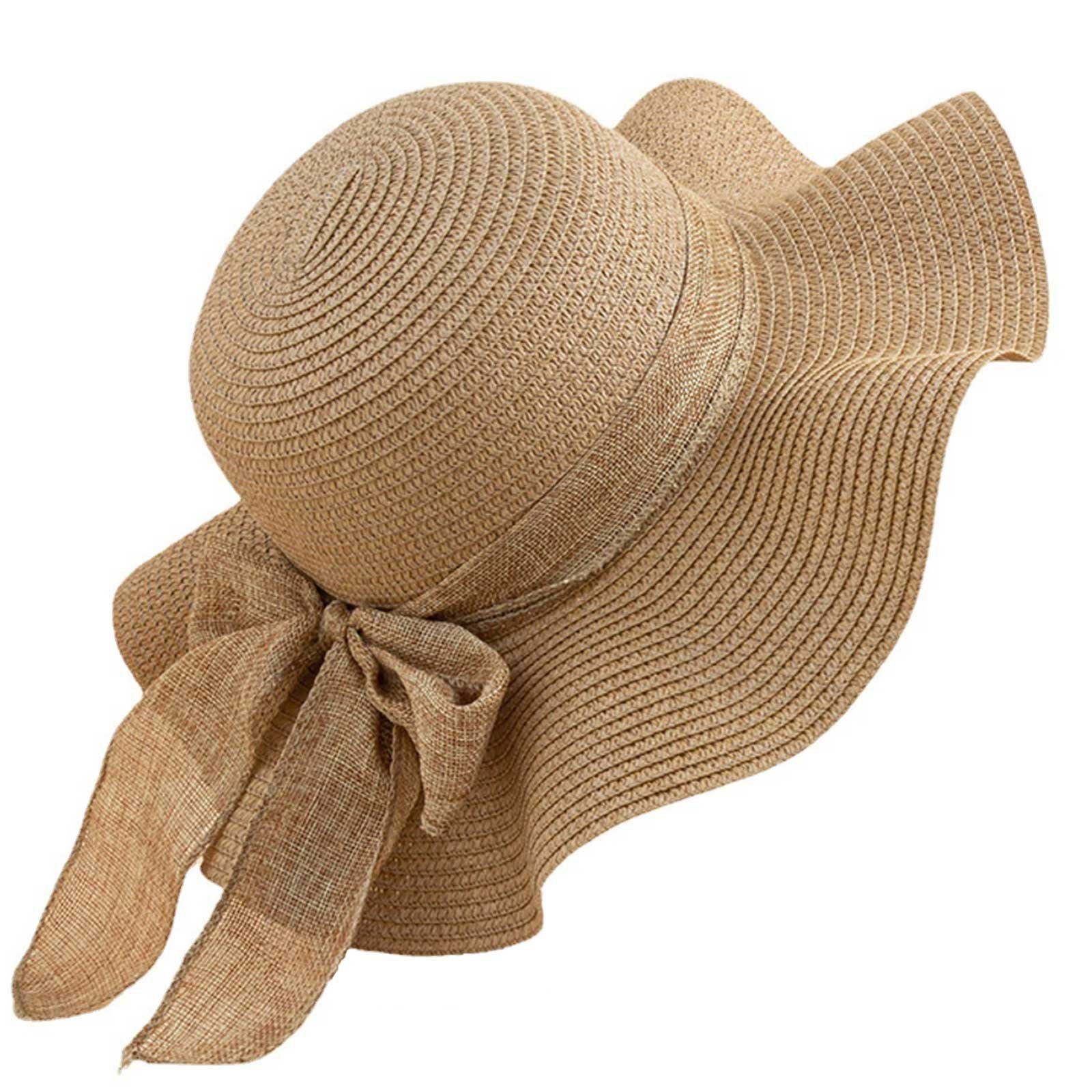 Vivi Idee Strohhut Sonnenhut Sommerhut Strandhut Straw hat, Damen faltbar, Einheitgröße wellenförmiger Rand Natur