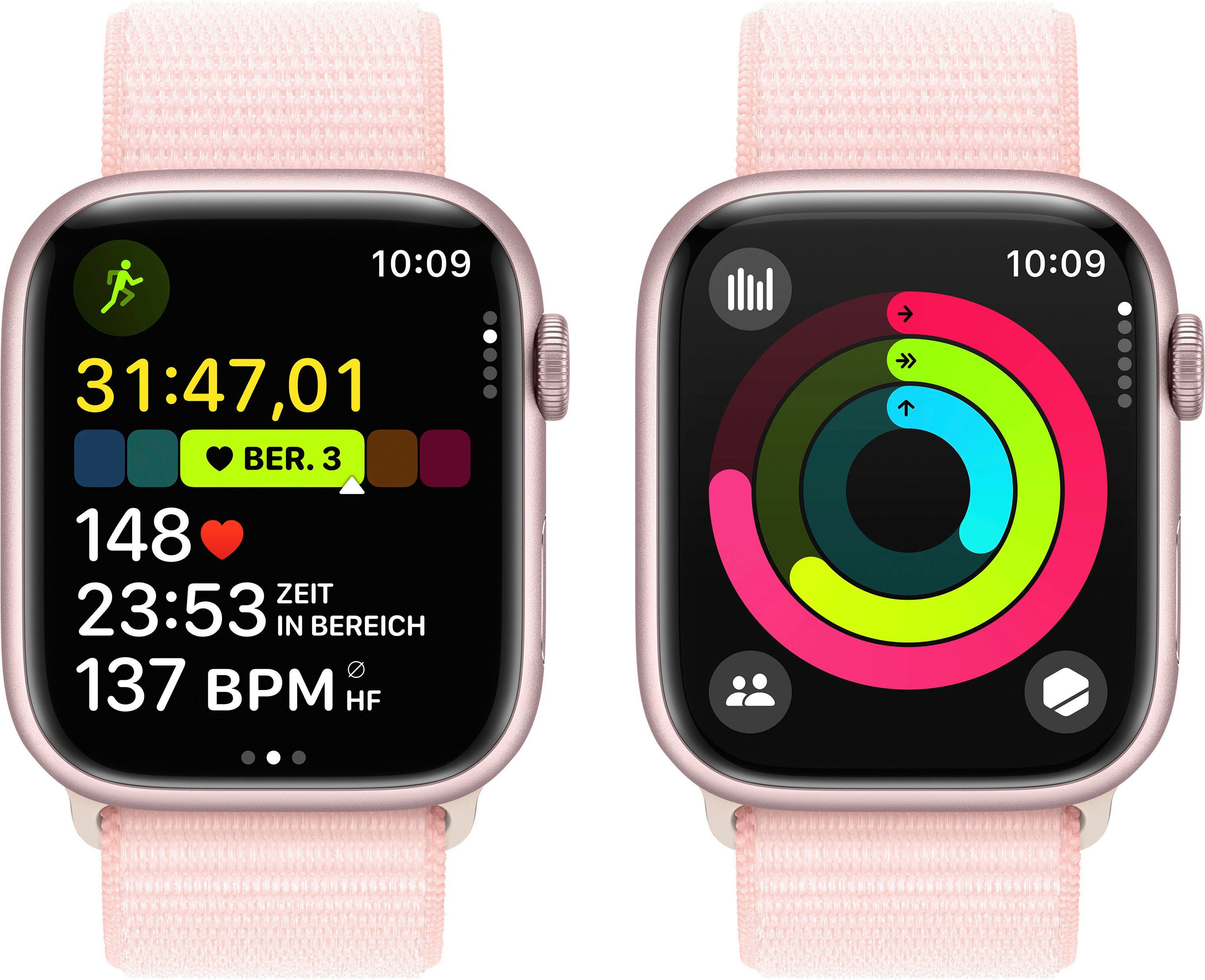 Apple Watch Series 9 OS 10), Pink Watch Loop Smartwatch (4,5 Zoll, GPS | Rosa Sport 45mm Aluminium cm/1,77