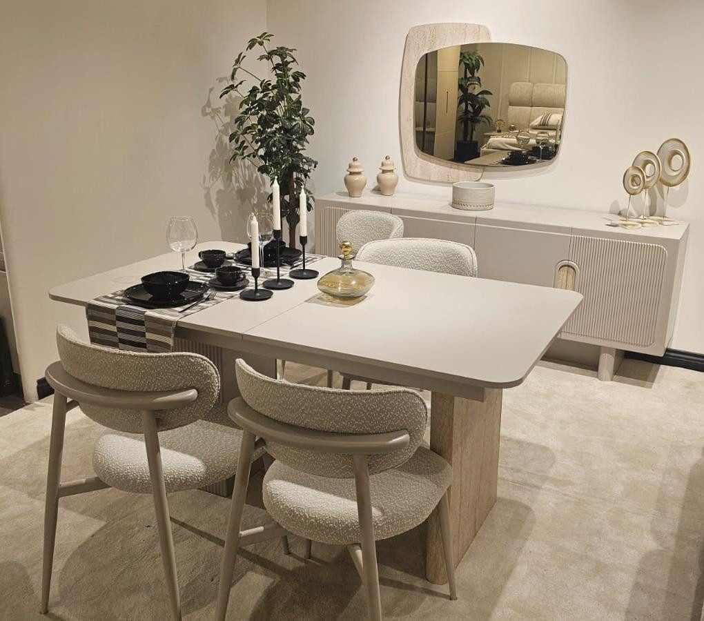 JVmoebel Esszimmer-Set Elegantes Beiges Esszimmer-Set: Esstisch 4x Stühle Sideboard, (7-St), Made in Europa