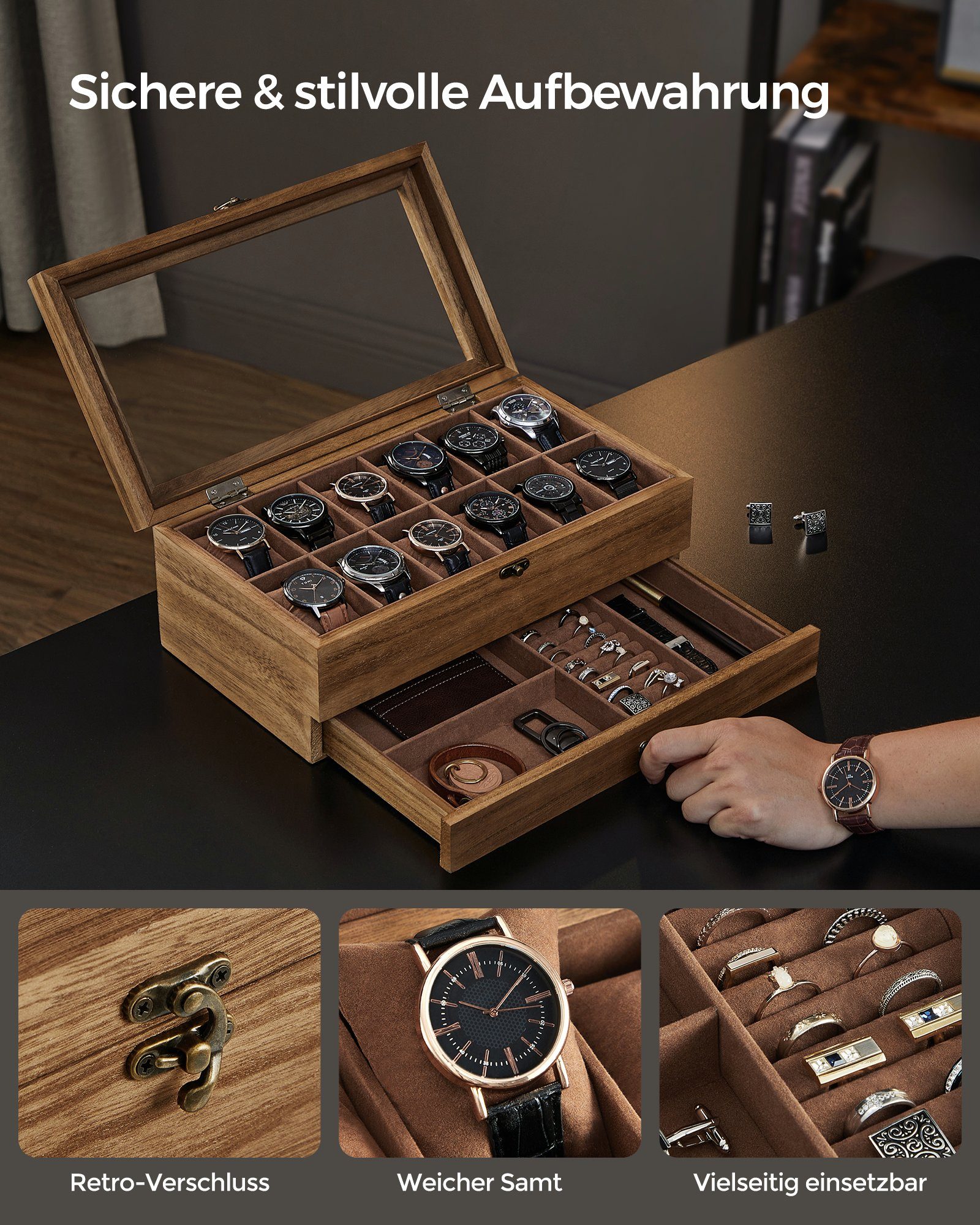 SONGMICS Uhrenbox Uhrenkasten aus Massivholz, Schmuckaufbewahrung, für Ihre Liebsten, mit 12 Fächern, Glasdeckel, Uhrenkissen, 19 x 34 x 12,5 cm (T x B x H)