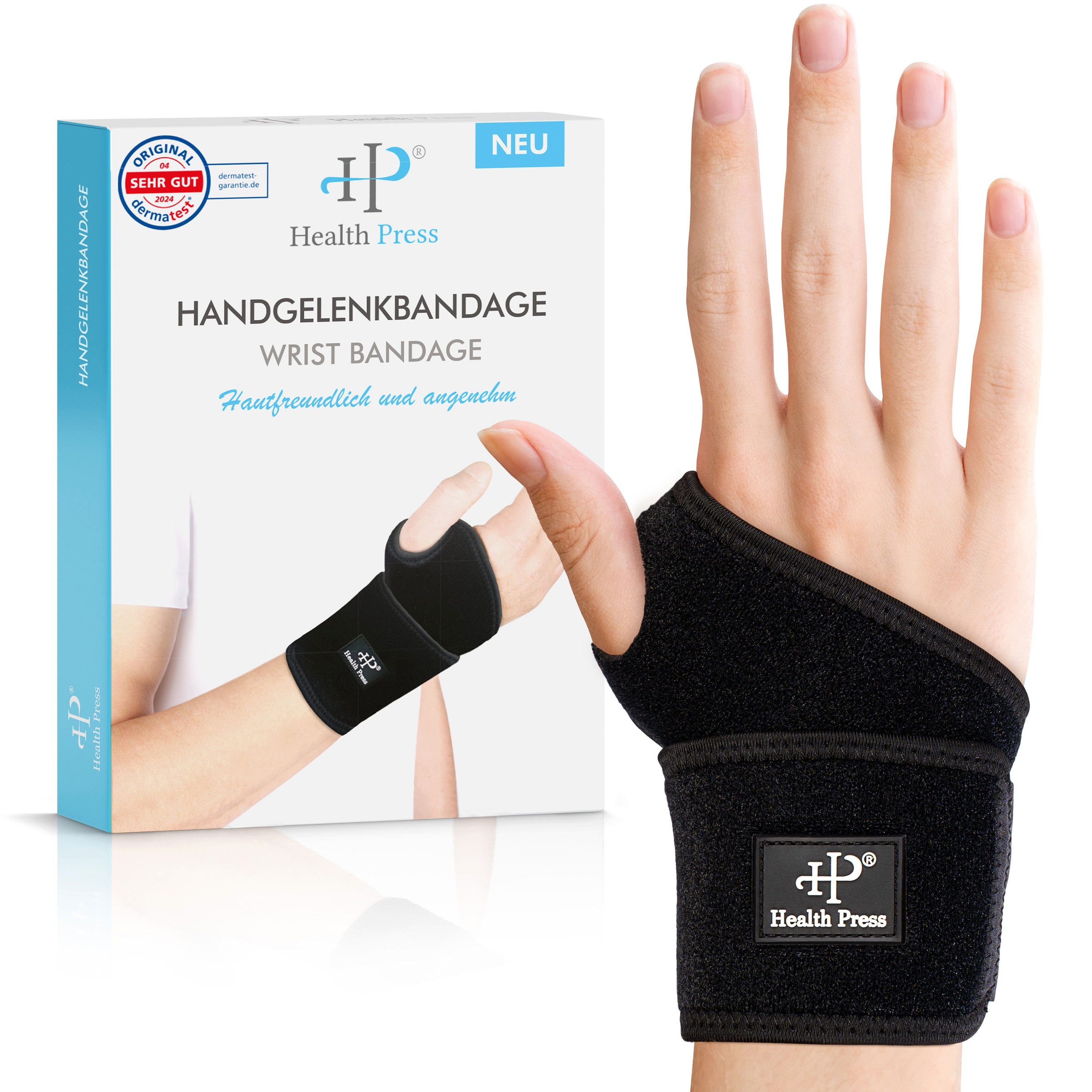 Health Press Handgelenkbandage - Handgelenkstütze - Handgelenk Bandage Universell (Rechts & Links, 1er Set), Dermatologisch getestet