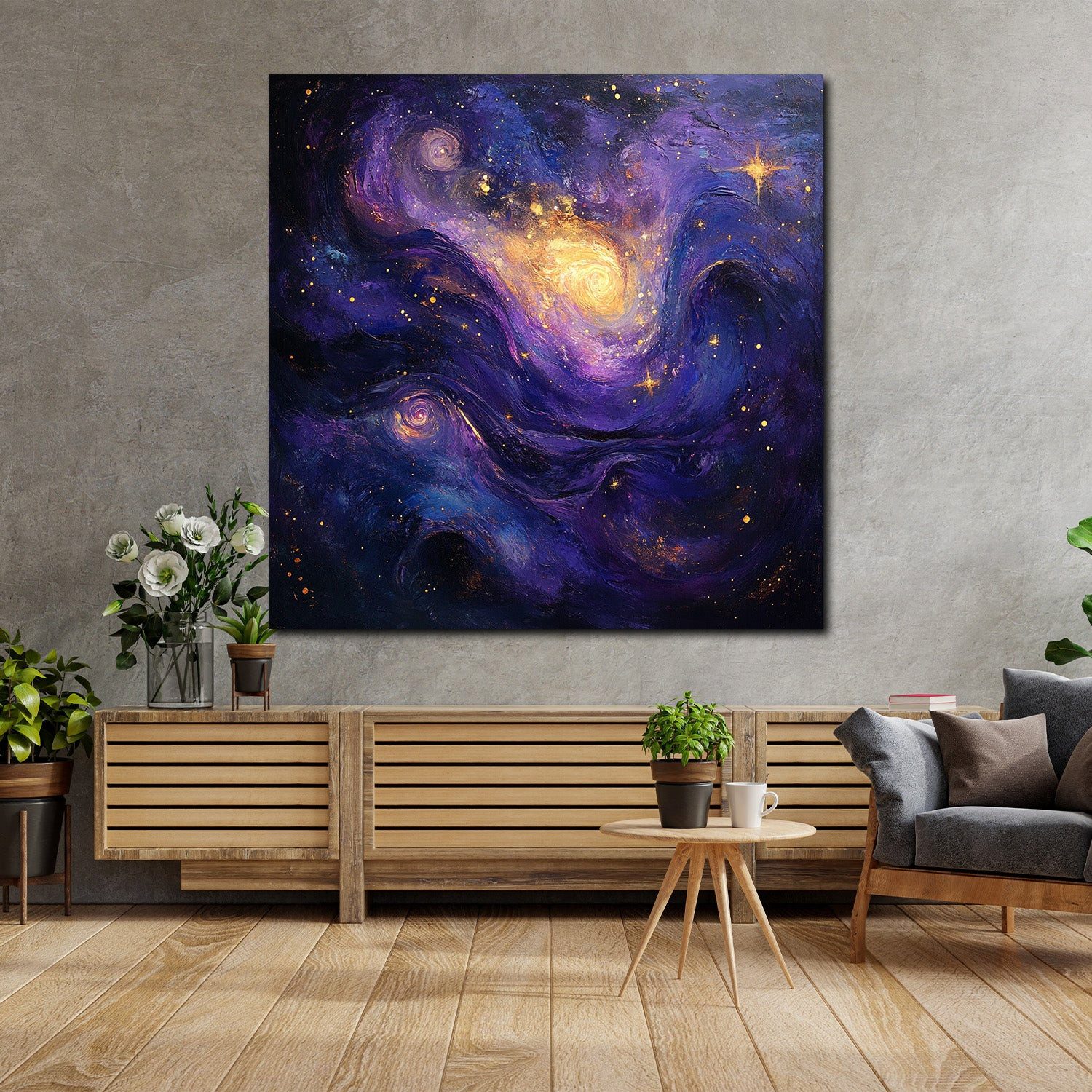 Artedinoi Leinwandbild Galaxie Lila Gold Sterne abstrakt Leinwandbild Wandbild Kunstdruck XL, Galaxie in Lila-Gold