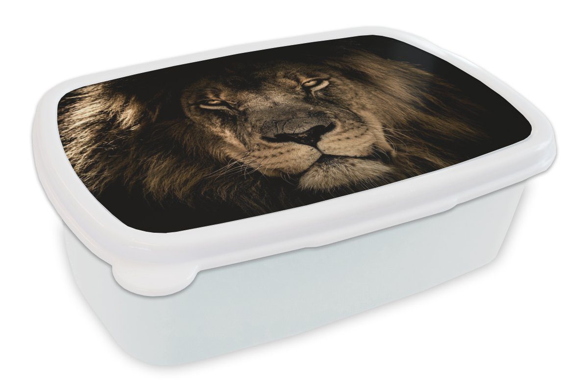 MuchoWow Lunchbox Löwe - Tiere - Schwarz - Porträt, Kunststoff, (2-tlg), Brotbox für Kinder und Erwachsene, Brotdose, für Jungs und Mädchen weiß