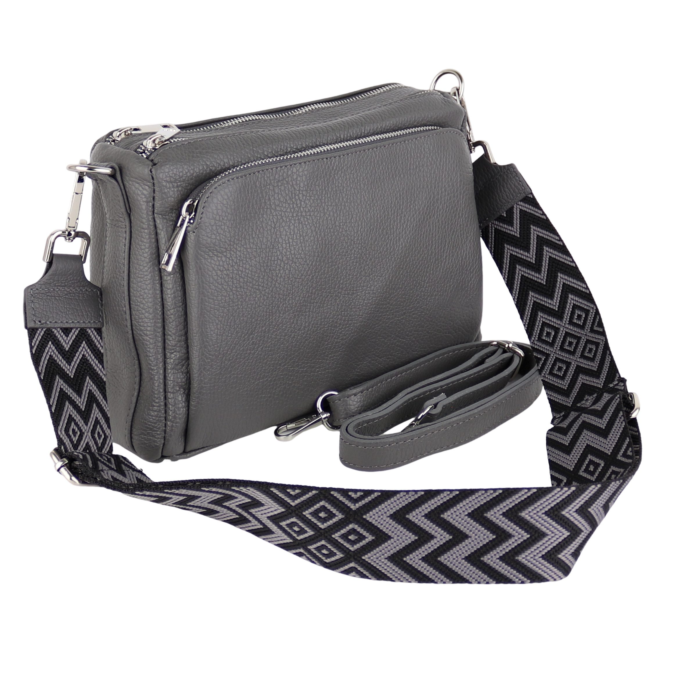 MIRROSI Umhängetasche Damen, Echtleder, Leder, Made in Italy, Mittelgroß, (Schultertasche für jeden Anlass (1 Tasche mit 1 oder 2 Gurte), 27x19x10cm, Drei Hauptfächer mit Reißverschluss), Crossbody Bag, Schwarz, gemusterten& verstellbaren Schulterriemen