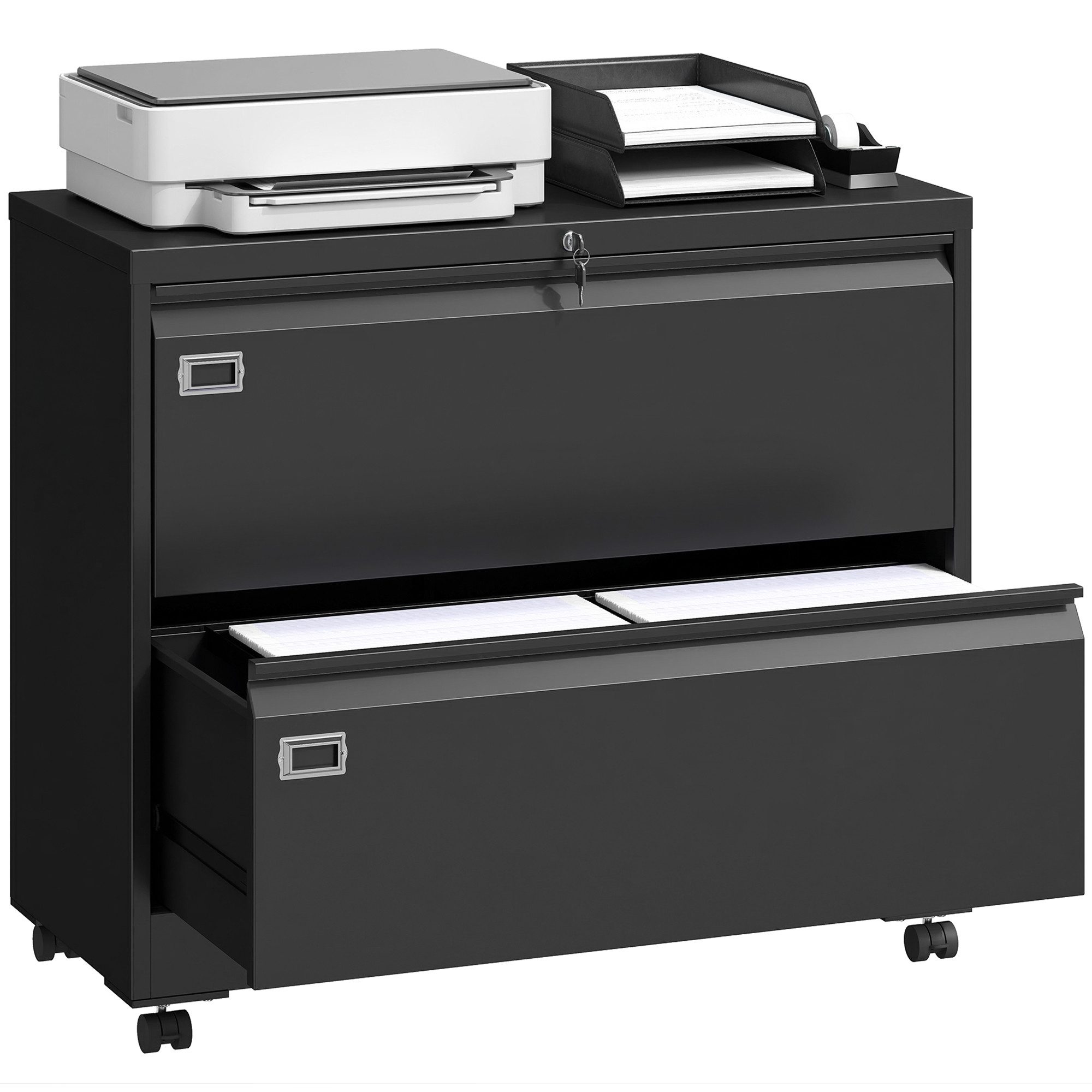 HOMCOM Aktenschrank mit 2 Schubladen Rollen verstellbarem Hängeregistratur (Rollcontainer, 1-St., abschließbar Büroschrank) für Büro, Homeoffice, 90 x 40 x 77,4 cm, Schwarz