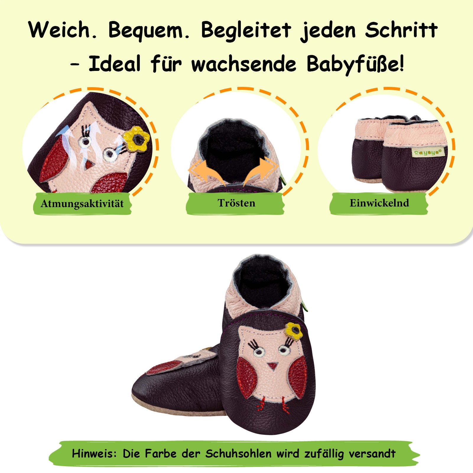 Sayoyo Weiche Leder Krabbelschuhe Rutschfest Hausschuhe Lederpuschen Eule Lauflernschuh (100% Leder)